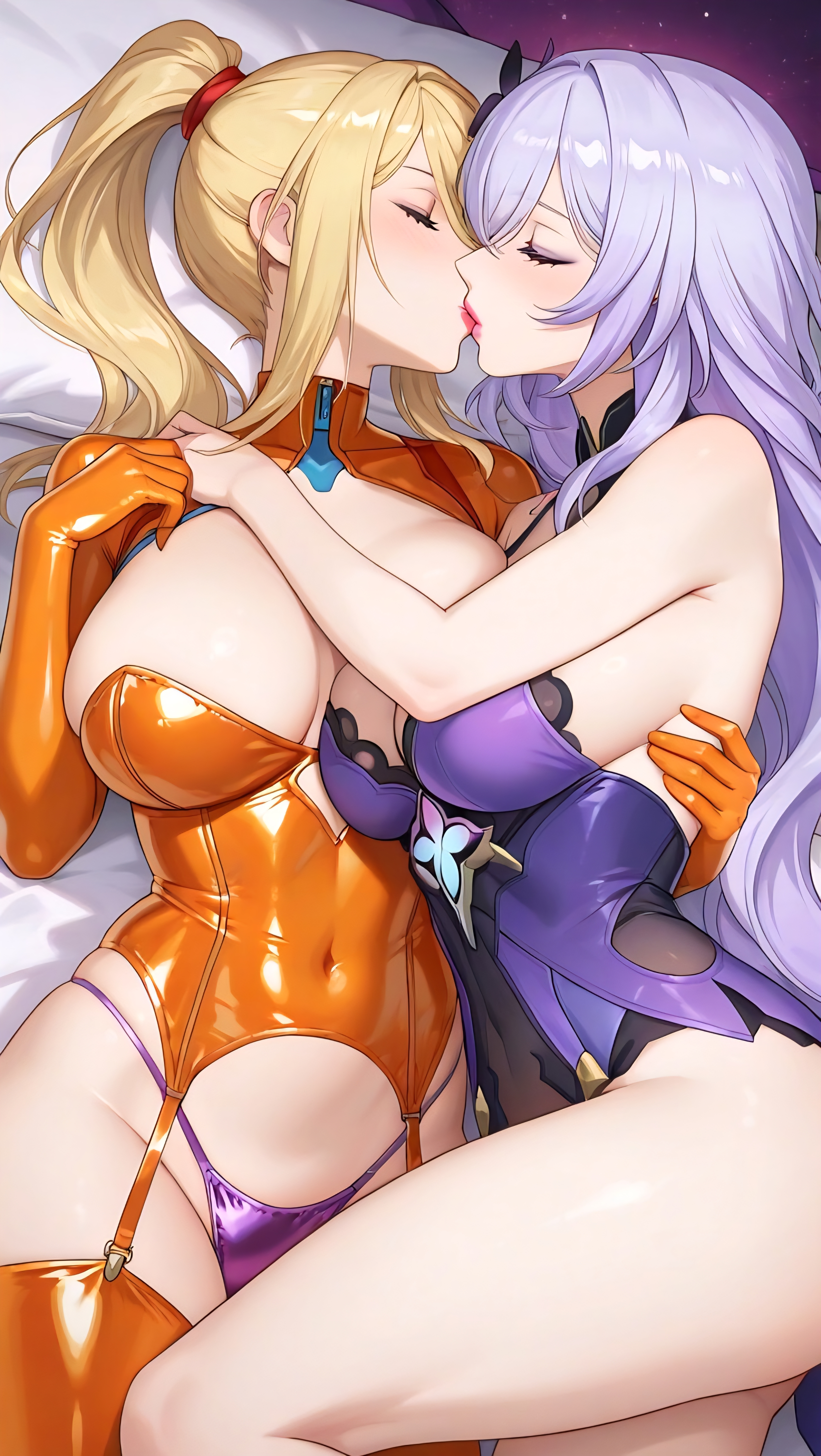 2girls, ai generated, bangs, bare shoulders, bare thighs, bed, bedroom, black swan (honkai: star rail), blonde female, blonde hair, blonde-haired female, breast squeeze, breasts, cleavage, closed eyes, commentary request, crossover, female, female focus, female only, garter straps, gloves, hair, hand on shoulder, honkai (series), honkai: star rail, hoyoverse, kissing, latex, latex gloves, latex legwear, lavender hair, laying on bed, lesbian kiss, lia the busty redhead, lingerie, lipstick, mature, mature female, mature woman, metroid, mihoyo, nintendo, orange clothing, panties, passionate, passionate kiss, pillow, ponytail, purple hair, samus aran, self upload, stockings, tagme, thighs, thong, underwear, yuri