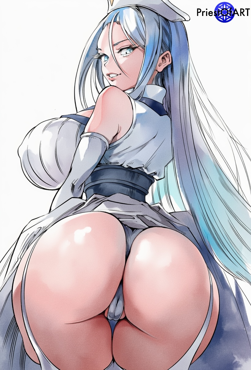 1girls, ai generated, backboob, big ass, big breasts, blue eyes, blue hair, breasts, busty, cameltoe, female, female only, from behind, garter straps, hat, huge ass, huge breasts, long hair, looking back, maid, maid uniform, panties, priestofart, shiny, simple background, skirt, sylpha langlis, tensei shitara dai nana ouji dattanode, kimamani majutsu o kiwamemasu, very long hair, watercolor, watercolor (artwork), watermark, white background