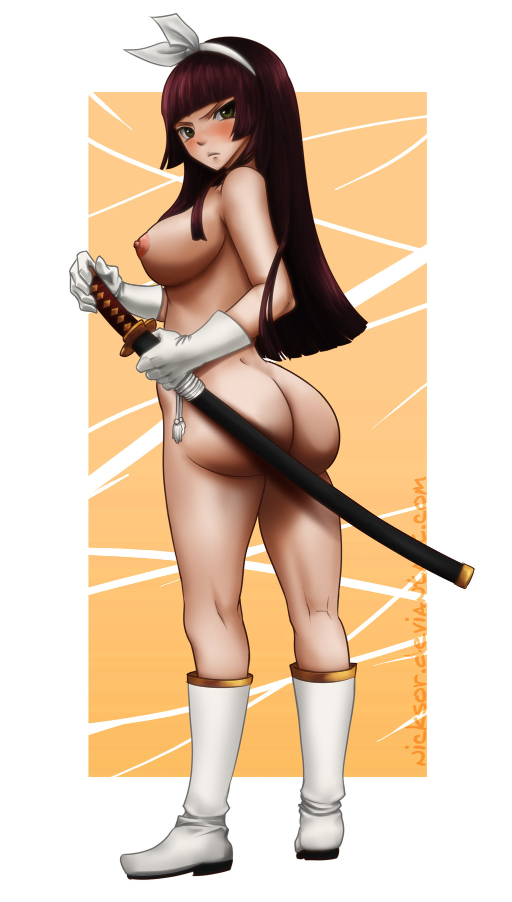 1girls, ass, breasts, bubble ass, bubble butt, fairy tail, female, kagura mikazuchi, looking at viewer, naked boots, naked footwear, naked gloves, purple hair, purple-haired female, sideboob, solo, tagme, white boots