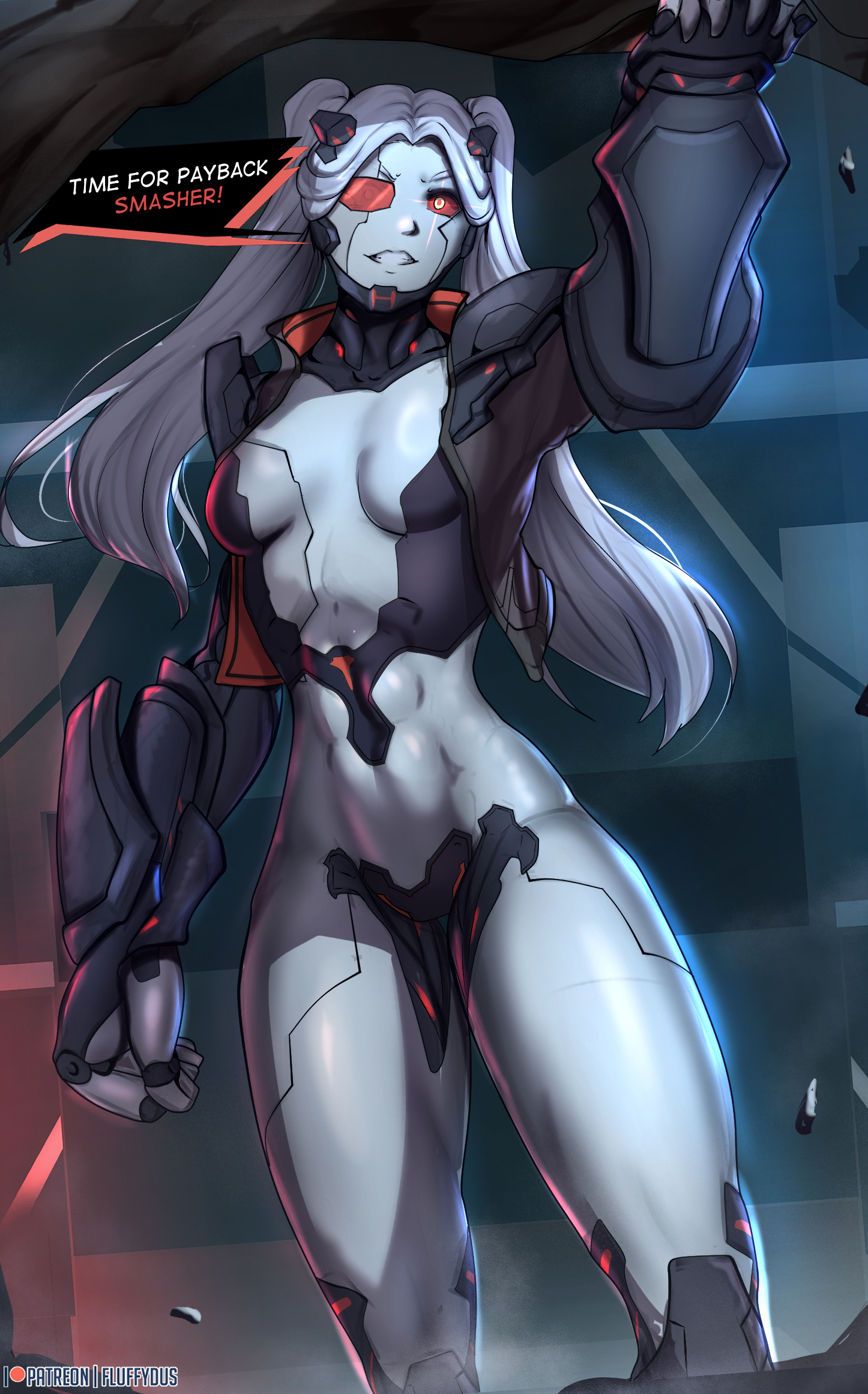 1girls, abs, adult, alternate body size, alternate body type, alternate costume, breasts, colored sclera, colored skin, commission, cybernetics, cyberpunk, cyberpunk (series), cyberpunk: edgerunners, cyborg, english text, female, fit, fit female, fluffydus, green eyes, grey skin, highres, long hair, oversized forearms, oversized limbs, pink hair, rebecca (edgerunners), rebecca smasher, red sclera, small breasts, solo, speech bubble, standing, tomboy, toned, toned abs, toned female, twintails