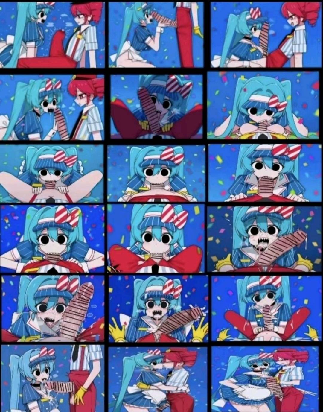 1futa, 1girls, 2girls, ai generated, apron, aqua hair, bar censor, blowjob, blue hair, bow, censored, confetti, cum, cum in mouth, drill hair, duo, empty eyes, erection, fellatio, female, futanari, gloves, hair bow, hatsune miku, hung trap, intersex, kasane teto, long hair, massive penis, multiple girls, open mouth, penis, precum, red hair, shirt, short hair, smile, striped, teeth, twin drills, twintails, very long hair, vocaloid