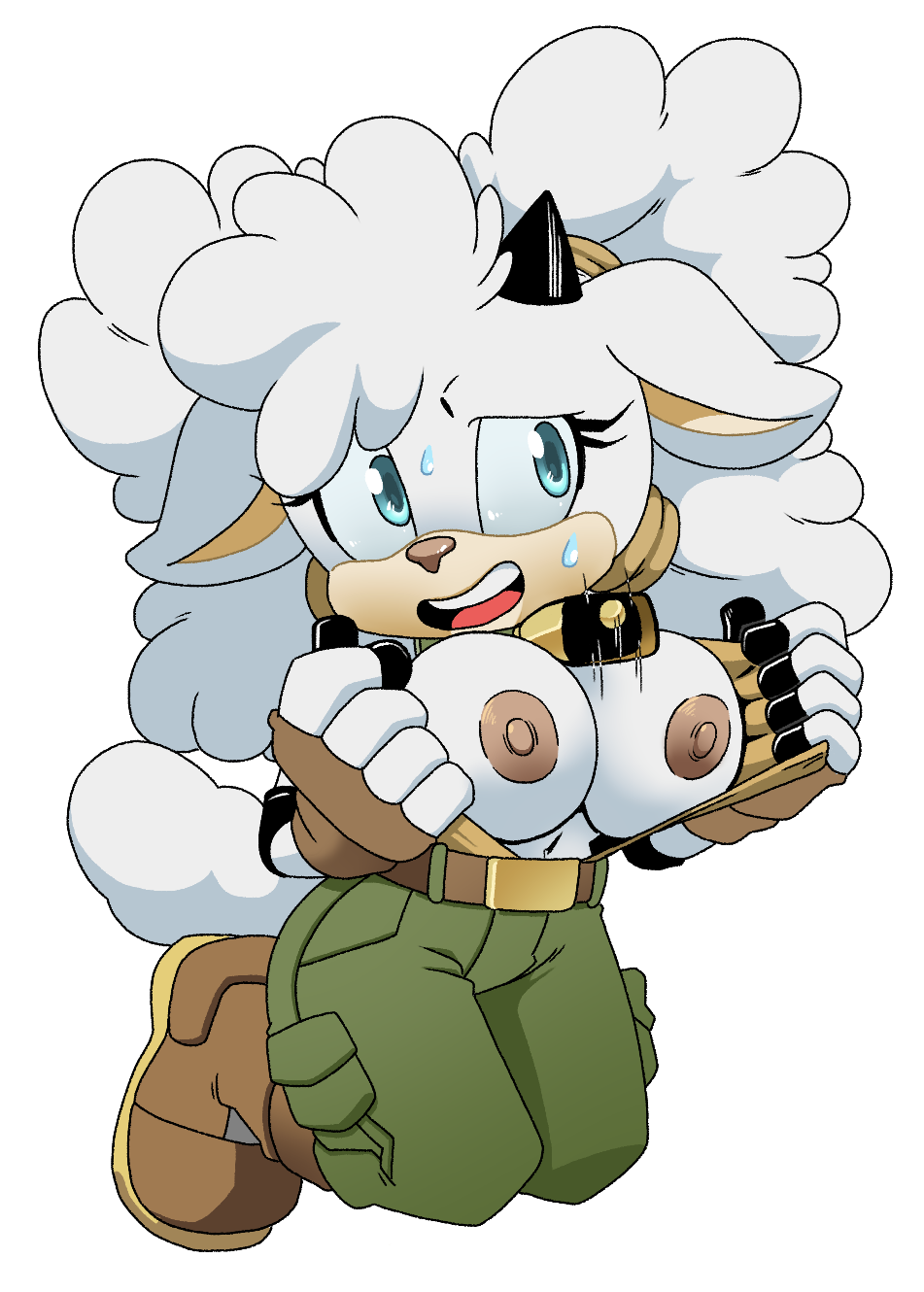 bell bell_collar belt big_breasts blue_eyes boots cargo_pants collar ears_down exposed_breasts fingerless_gloves fluffy fluffy_hair fluffy_tail gloves hairband horn idw_comics idw_publishing lanolin_the_sheep large_breasts mobian_(species) nipples presenting presenting_breasts sega sheep sheep_girl sonic_(series) sonic_the_hedgehog_(comics) sonic_the_hedgehog_(idw) sonic_the_hedgehog_(series) sweat sweatdrop sweating tagme tail white_body white_fur white_hair