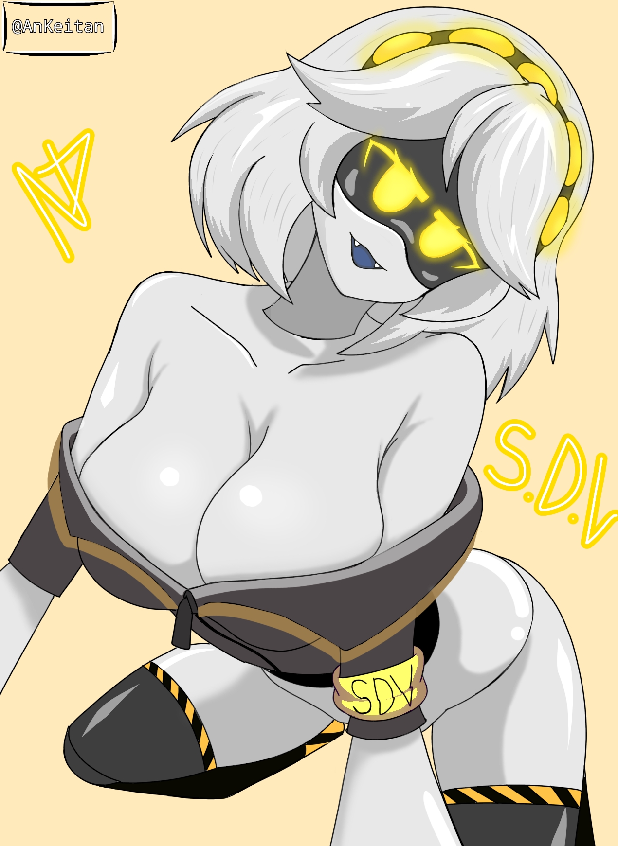 almost naked, almost nude, ankeitan, bare shoulders, big breasts, breasts, cleavage, clothing, female, female only, glitch productions, looking at side, murder drones, on knees, robot girl, short hair, v (murder drones)
