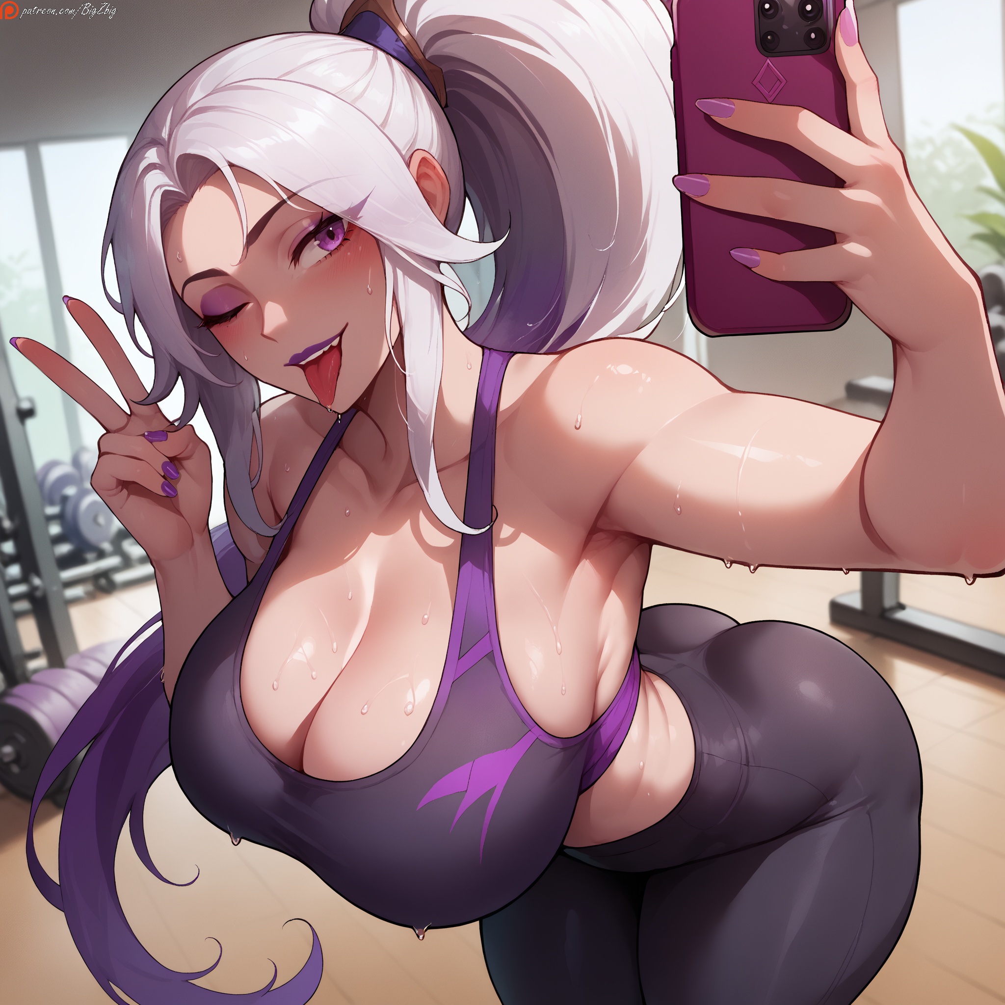 ai generated, big breasts, bigzbig, breasts, female, gym uniform, league of legends, leggings, peace sign, phone, riot games, smartphone, solo, solo female, solo focus, sports bra, sportswear, sweat, sweatdrop, syndra, tagme, tight clothing, white hair, wink, workout clothes, yoga pants