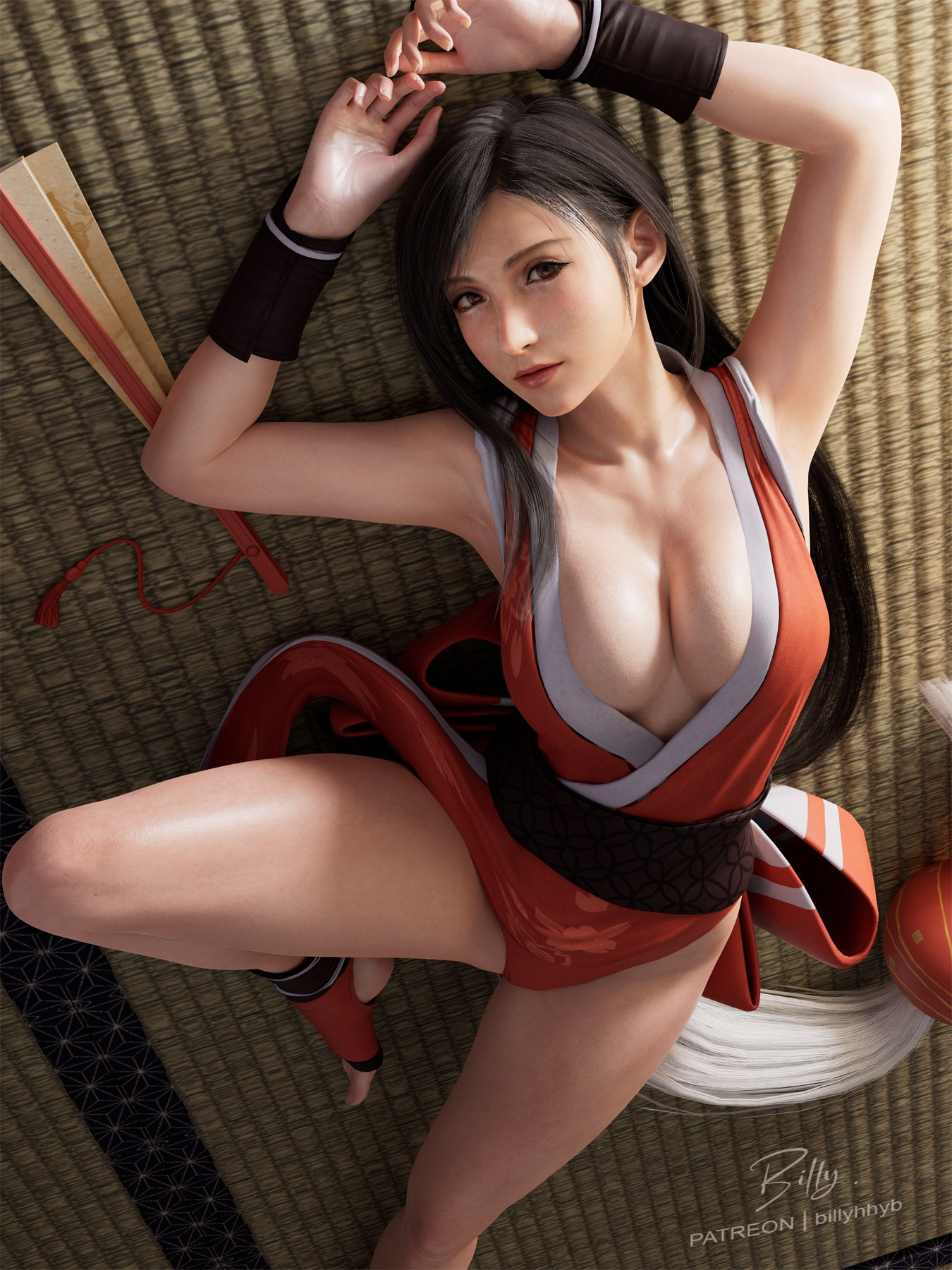 1girls, 3:4, bad id, big breasts, billyhhyb, black hair, breasts, cleavage, cosplay, dark hair, dead source, fatal fury, female, female focus, female only, final fantasy, final fantasy vii, final fantasy vii remake, folding fan, human, king of fighters, large breasts, light skin, light-skinned female, long hair, long legs, mai shiranui (cosplay), on the floor, pose, posing, red eyes, snk, solo, thighs, tifa lockhart