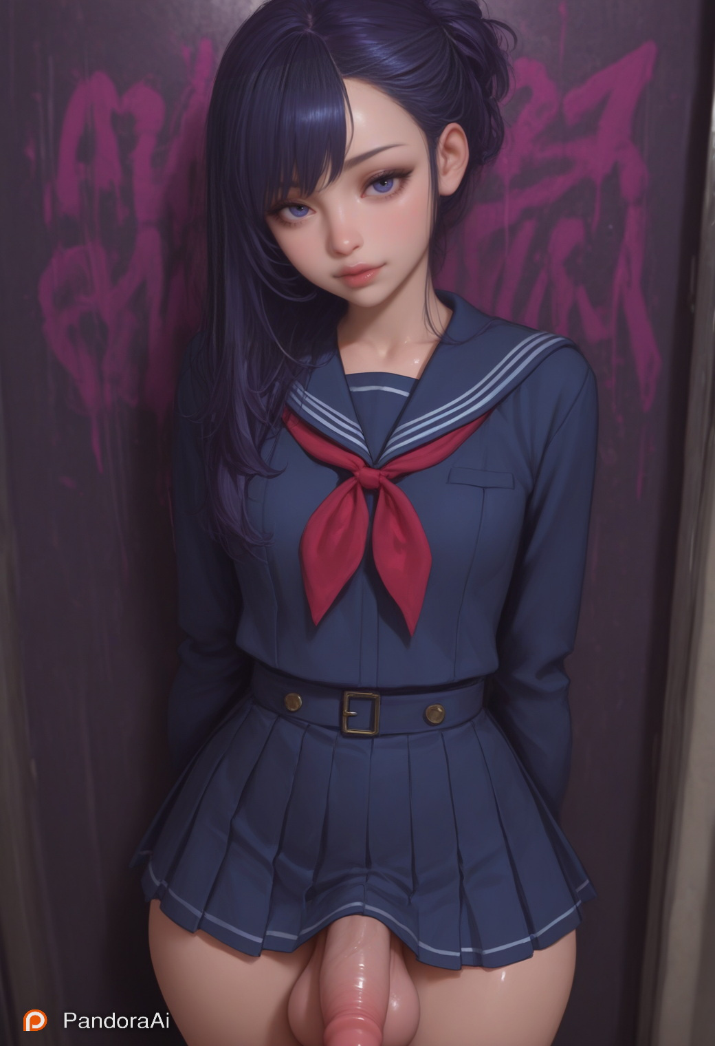 1boy, ai generated, balls, big balls, black hair, club, cute face, femboy, flashing, graffiti, huge balls, lifting shirt, male, neon lights, pandora, penis, precum, puffy lips, restroom, saggy balls, school uniform, skirt, thick thighs