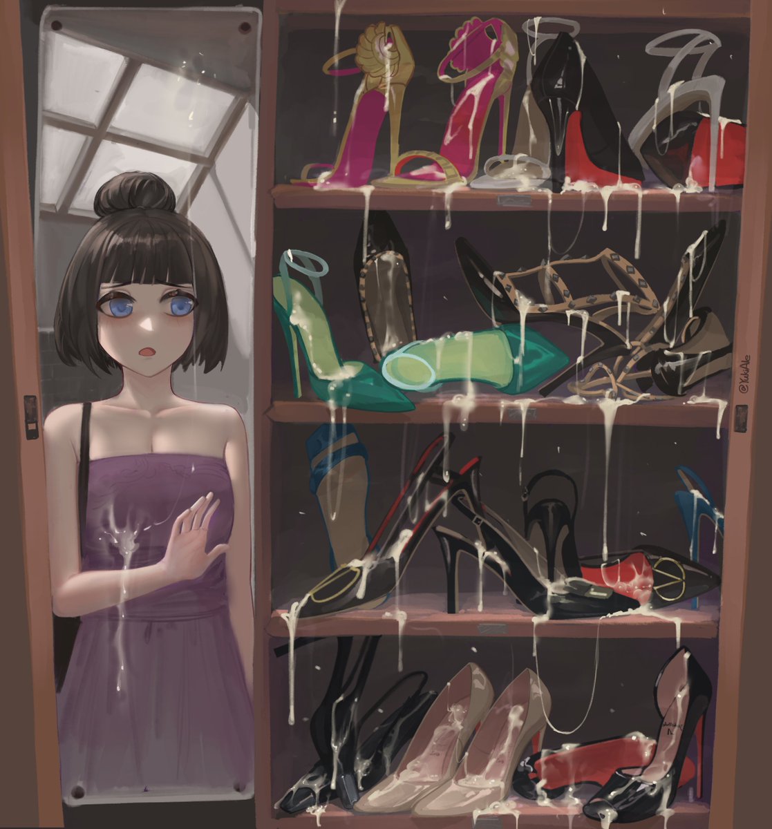 absurdres, bag, bare shoulders, black footwear, black hair, blue eyes, blunt bangs, breasts, cleavage, collarbone, commentary, commission, cum, cum in footwear, cum on clothes, cumdrip, dress, english commentary, excessive cum, female, footwear focus, gold footwear, green footwear, grey footwear, hair bun, hand up, high heels, highres, indoors, leotard, mirror, open toe shoes, original, purple dress, shelf, shoes, short hair, shoulder bag, solo, stiletto heels, strapless, strapless leotard, twitter username, unworn shoes, white footwear, yukiale