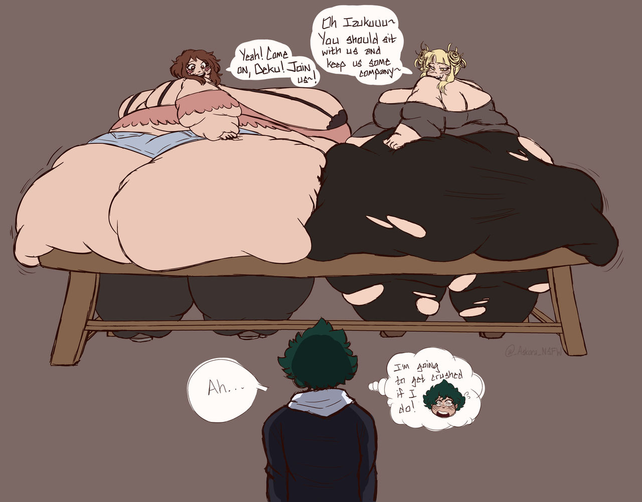 1boy, 2girls, askora, behind view, boku no hero academia, fat, fat female, fat fetish, female, himiko toga, izuku midoriya, male, midoriya izuku, morbidly obese, multiple females, multiple girls, my hero academia, obese, obese female, ochako uraraka, ssbbw, toga himiko, uraraka ochaco, uraraka ochako