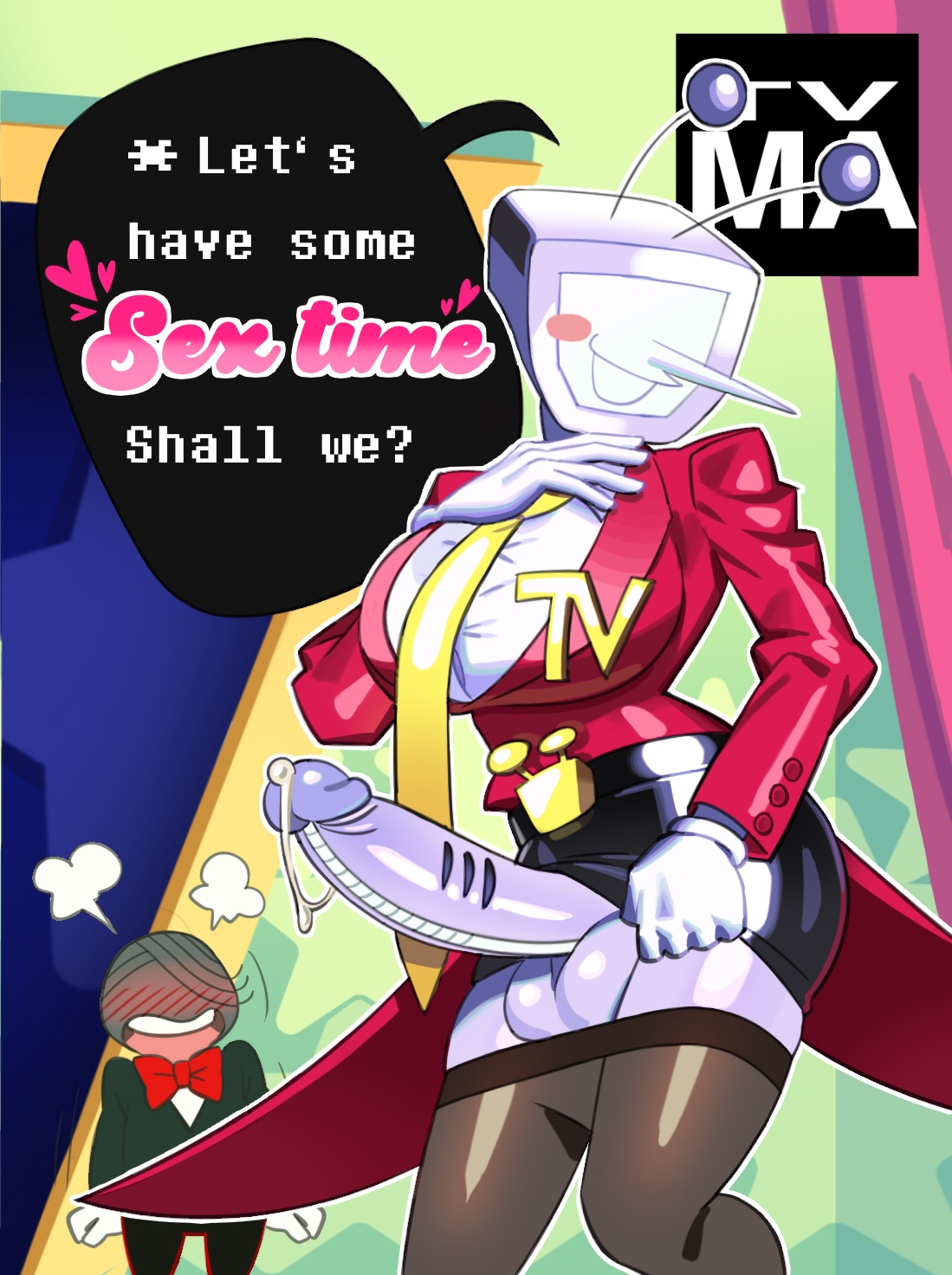 1futa, 1girls, balls, battat (deltarune), big penis, blush, breasts, clothed, clothing, cum, deltarune, deltarune chapter 3, dickgirl, female, futa focus, futanari, huge cock, humanoid, intersex, long penis, mike (deltarune), mondotopia, mostly clothed, penis, robot, robot girl, rule 63, skindentation, skirt lift, smooth balls, smooth penis, solo focus, tagme, tenna (deltarune), thick thighs, wide hips