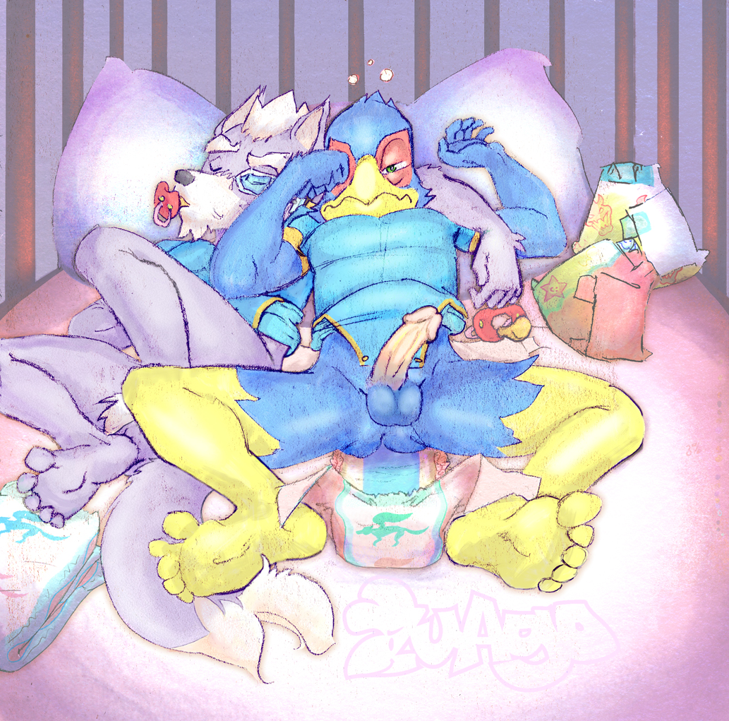 anthro avian balls bird canine crib diaper erection falco_lombardi humanoid_penis infantilism male mammal nintendo pacifier penis star_fox video_games wolf wolf_o'donnell zuago