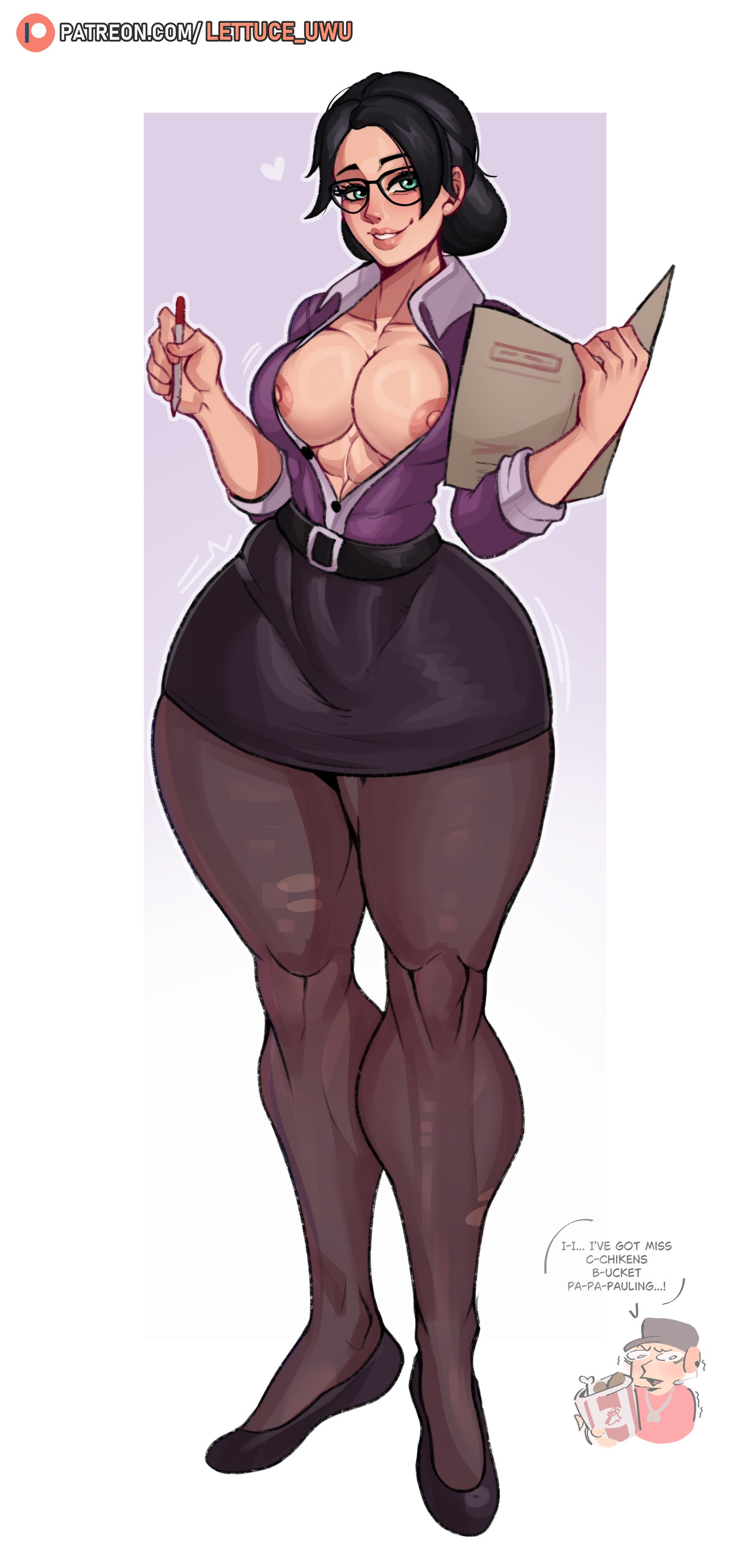 1girls, areola slip, areolae, background character, belt, big breasts, black hair, black skirt, breasts, cleavage, eyewear, female, female focus, female only, folder, full body, glasses, green eyes, hair, hair bun, heart, heels, hips, holding object, legwear, lettuce uwu, lips, miss pauling, motion lines, office clothing, office lady, pantyhose, pen, pencil skirt, skirt, smile, solo focus, team fortress 2, thick thighs, thighs, tied hair, wide hips