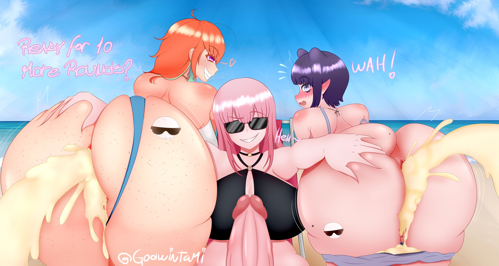 1futa, 2girls, 3girls, after anal, after sex, after vaginal, anal creampie, beach, big ass, big breasts, big butt, big penis, breasts, commission, creampie, cum, death-sensei (mori calliope), dialogue, excessive cum, female, freckles, freckles on ass, freckles on butt, freckles on face, futa on female, futadom, futanari, godwyntami, gripping ass, hololive, hololive english, hololive myth, huge ass, huge breasts, huge butt, huge cock, huge penis, intersex, mole, mole on ass, mole on thigh, mori calliope, ninomae ina'nis, orange hair, penis, pink hair, precum, purple eyes, purple hair, pussy, sunglasses, takanashi kiara, tattoo, tattoo on butt, text, threesome, vaginal creampie, virtual youtuber, vtuber, yuri