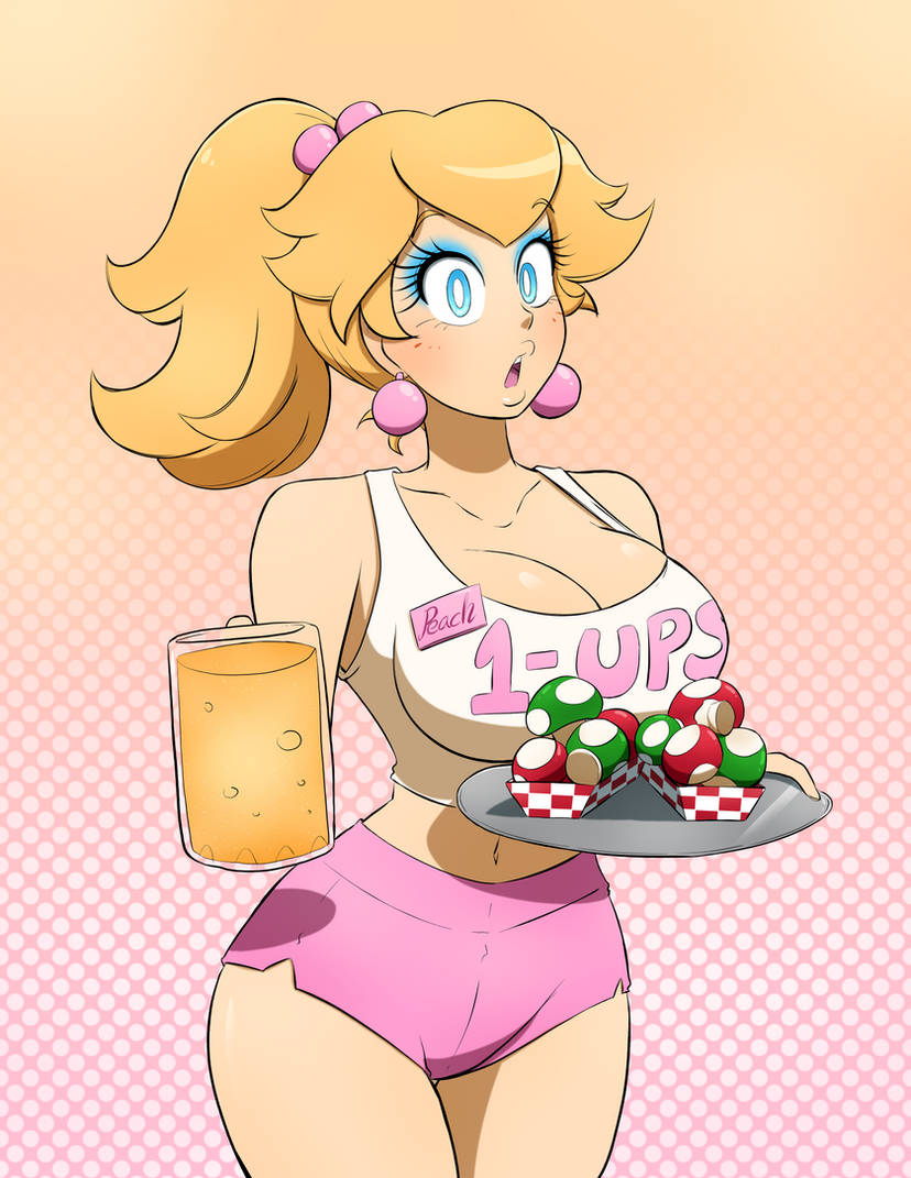 1girls, 2025, 2d, absurd res, absurdres, beer, big breasts, bimbo, bimbofication, bimbofied, blonde female, blonde hair, blush, blushing, brainwashing, breasts, clothed, clothes, clothing, color, colored, curvy, digital media (artwork), drink, earrings, english text, eyes open, eyeshadow, female, female focus, female only, femsub, gradient background, hi res, highres, holding beer, holding drink, holding plate, hourglass figure, hypno eyes, hypnosis, hypnotized female, hypnotized personality change, kobi-tfs, large breasts, light skin, light-skinned female, mario (series), mushroom, nametag, navel, nintendo, pink shorts, ponytail, princess peach, serving tray, short shorts, shorts, skimpy clothes, standing, tank top, text, text on clothing, thick thighs, thigh up, thighs, toony, voluptuous, voluptuous female, waitress, white shirt, wide hips