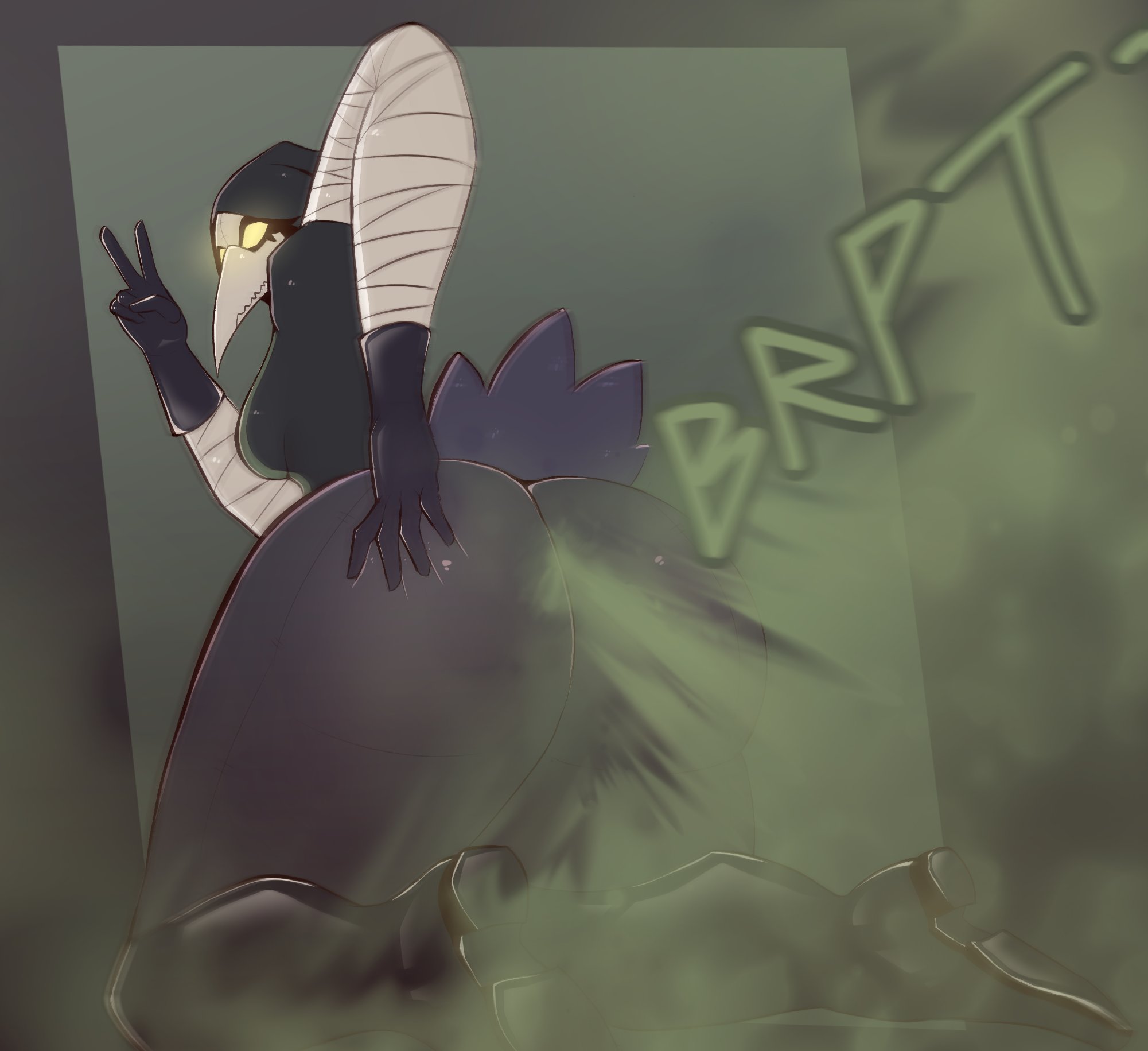 2d, ass, avian, bandages, big ass, big butt, big fart, boots, clothing, english text, fart, fart cloud, fart fetish, farting, farting at viewer, female, female fart, female focus, female only, fully clothed, gassydragont, gloves, glowing eyes, green fart, green fart cloud, hand on ass, kneeling, looking at viewer, looking back, looking back at viewer, looking over shoulder, mask, masked female, nonhuman, onomatopoeia, peace sign, plague doctor, plague doctor mask, plauxo (voreion), solo, solo female, thick ass, thick butt, thick thighs, voreion