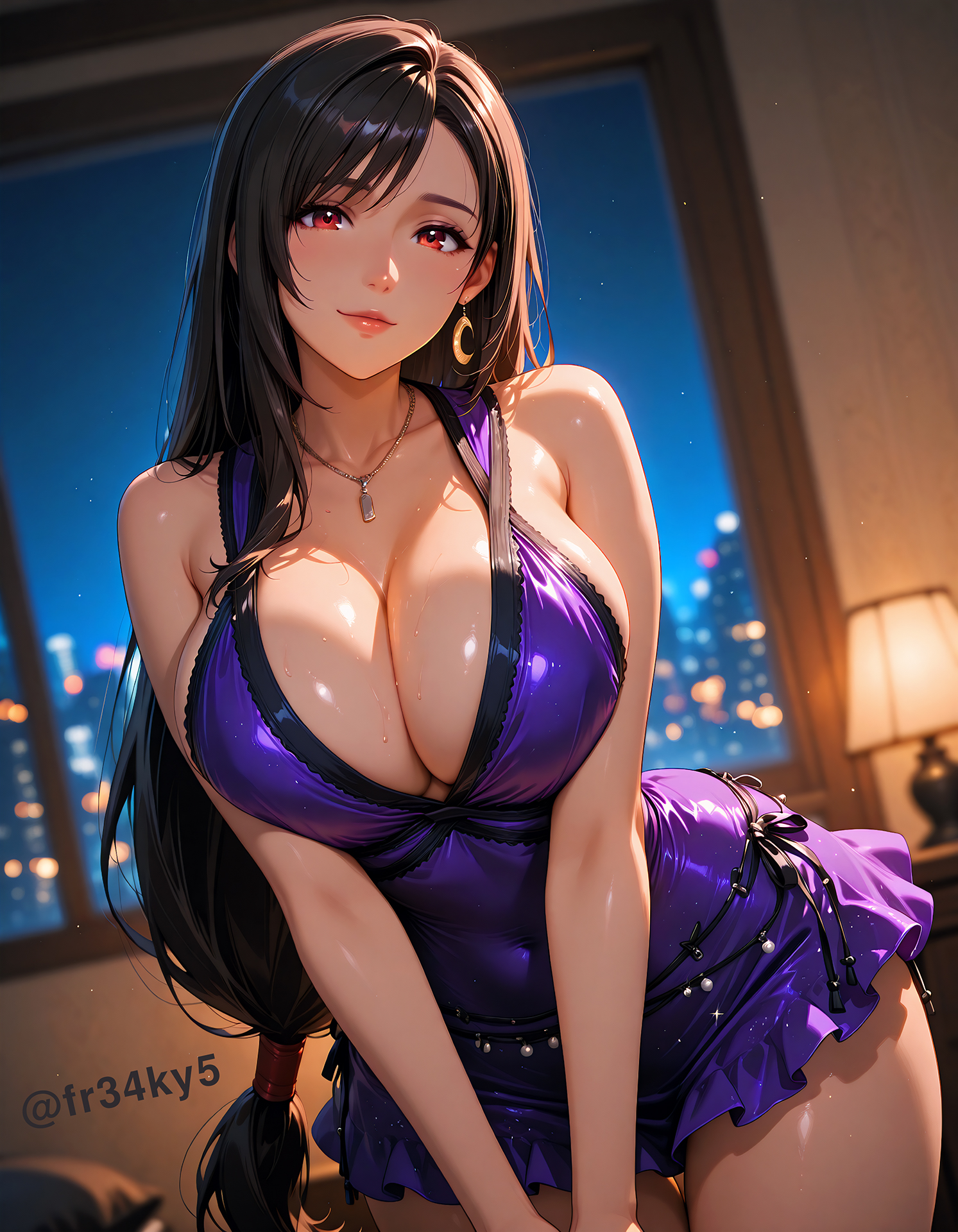 ai generated, breasts, cleavage, curvy, dress, female, final fantasy, fr34ky, huge breasts, squeezing breasts together, tifa lockhart, tifa lockhart (refined dress)