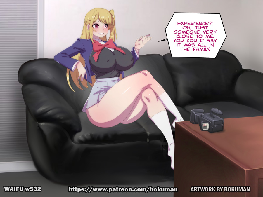 1girls, big breasts, big thighs, black shirt, blonde hair, blue coat, blush, bokuman, bow tie, breasts, female, female only, heterochromia, hoshino ruby, idol, miniskirt, only girl, oshi no ko, patreon, patreon username, red bow tie, red eyes, school uniform, seductive pose, smile, talking to another, waifuhub, white socks