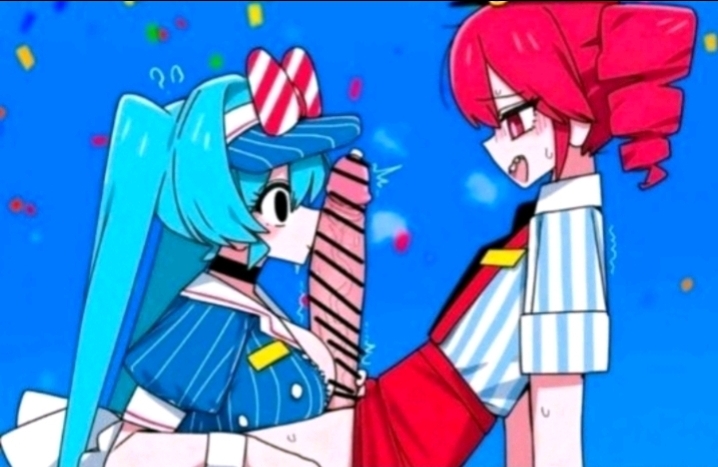 1futa, 1girls, 2girls, ai generated, aqua hair, bar censor, black eyes, blue background, blue hair, blush, breasts, censored, choker, confetti, drill hair, erection, fellatio, female, futa with female, futanari, hatsune miku, huge penis, intersex, kasane teto, large breasts, large penis, long hair, looking at penis, mesmerizer (vocaloid), multiple girls, open mouth, oral, penis, red eyes, red hair, sharp teeth, striped, sweat, teeth, tiktok, twin drills, twintails, utau, visor cap, vocaloid