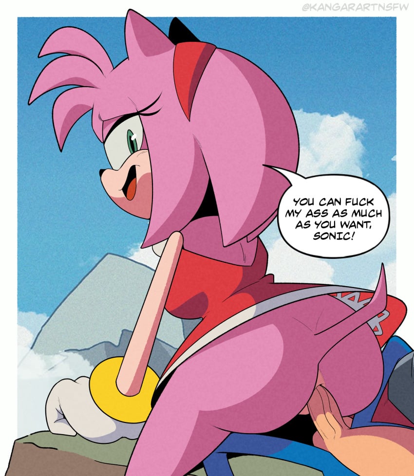 1boy, 1girls, amy rose, anal, anal sex, anthro, anus, artstyle imitation, ass, balls, blue skin, bottomless, bracelet, dialogue, female, female on top, female penetrated, furry, green eyes, hedgehog, idw comics, kangarart, male, male penetrating, male penetrating female, partially clothed, penis, pink skin, reverse cowgirl position, sega, sex, sonic (series), sonic the hedgehog, sonic the hedgehog (comics), sonic the hedgehog (series), straight, style parody, testicles, text, text bubble, upskirt sex