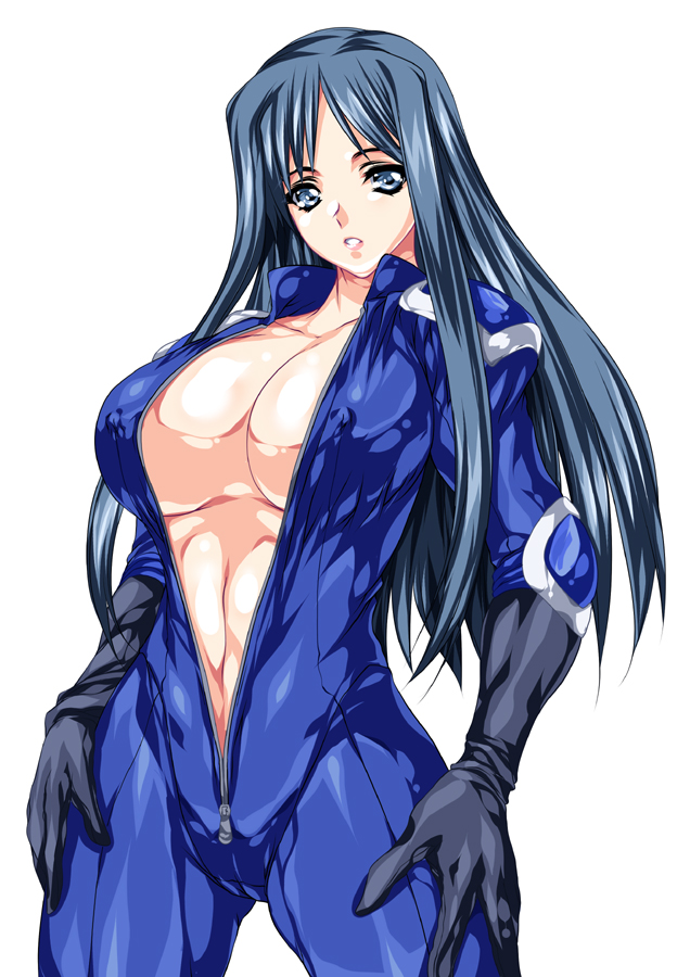 1girls bangs blue_eyes blue_hair breasts color female female_only fit gloves groin human jumpsuit large_breasts long_hair open_clothes shiny shiny_skin simple_background smash_daisaku solo standing thick_thighs unzipped white_background