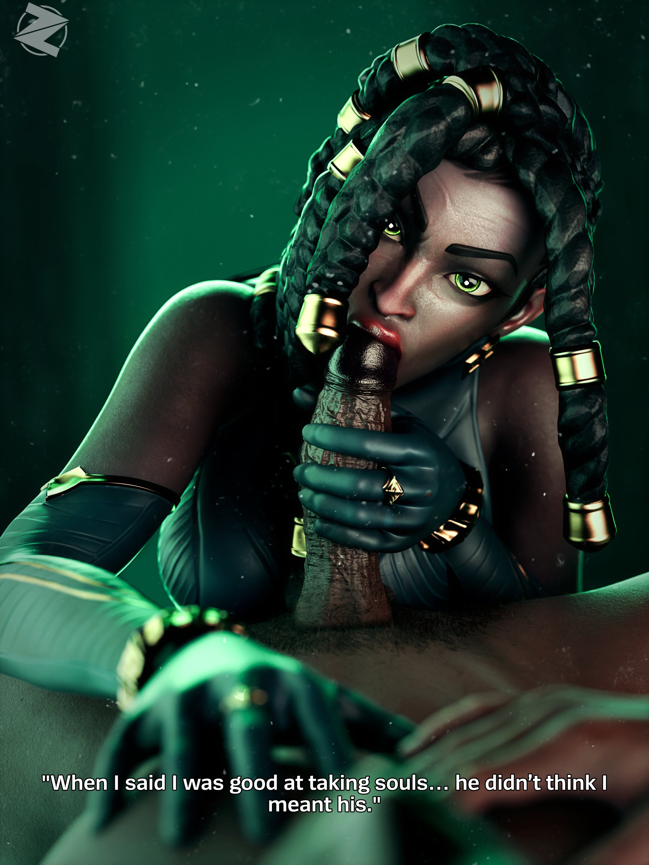 1boy, 1girls, 3d, black hair, dark skin, dark-skinned female, dark-skinned male, dialogue, erection, fellatio, female, green eyes, league of legends, male, oral, oral sex, penis, riot games, senna (league of legends), text, zis2nsfw
