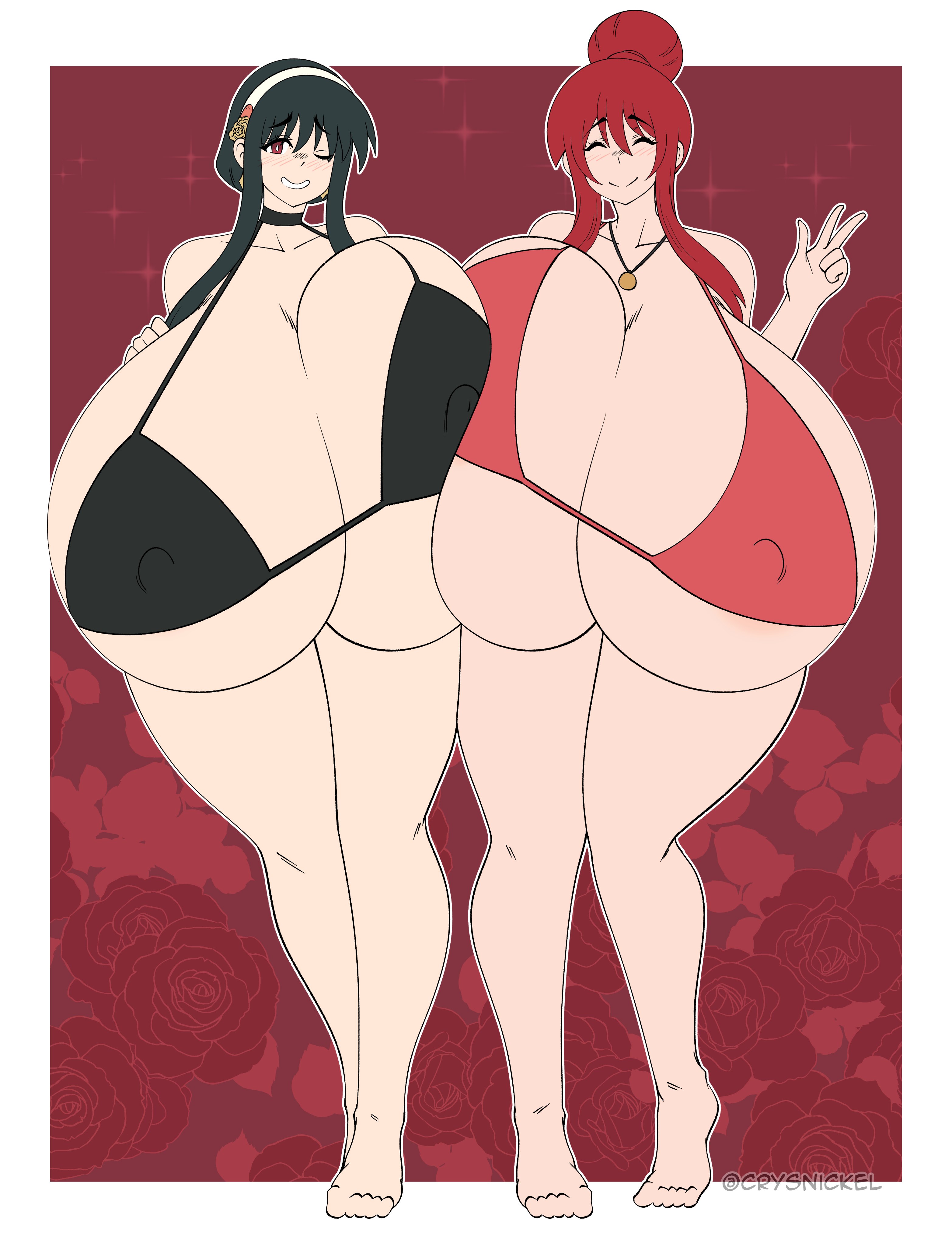 2girls, big breasts, blush, breasts, breasts bigger than head, breasts bigger than torso, bursting breasts, crysnickel, erect nipples under clothes, female, female only, gigantic ass, gigantic breasts, gigantic butt, gigantic nipples, gigantic thighs, hyper, hyper ass, hyper breasts, hyper butt, hyper genitalia, hyper thighs, spy x family, tagme, yor briar