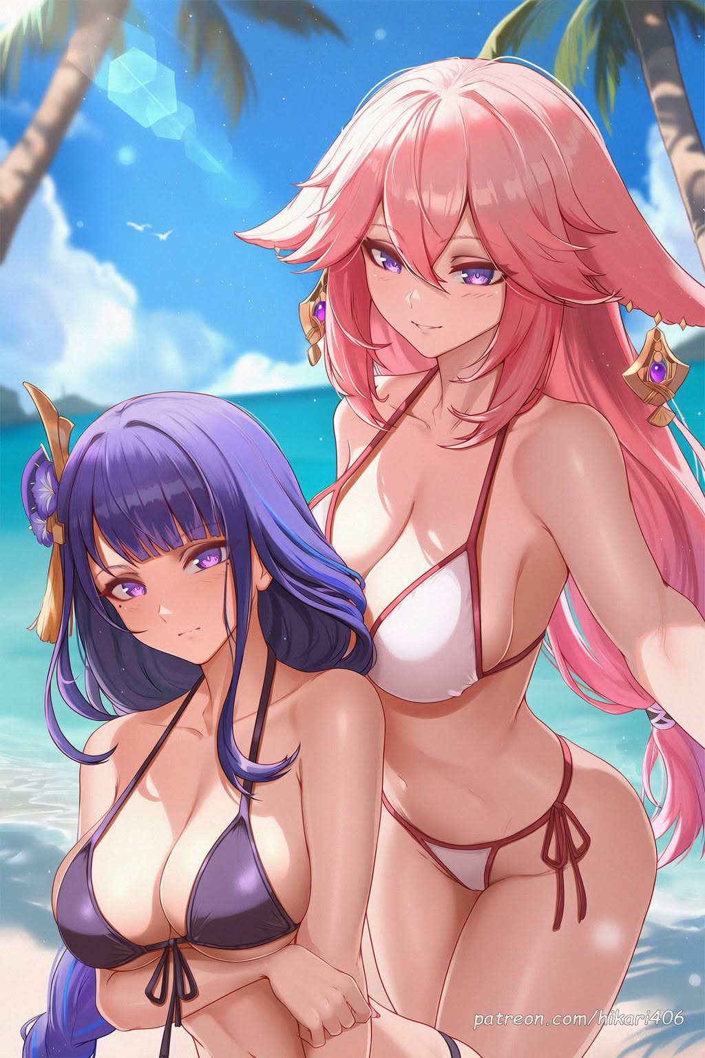 2girls, ai generated, animal ears, arm under breasts, bare shoulders, beach, big breasts, bikini, black bikini, blue sky, blush, braid, braided ponytail, breasts, cleavage, closed mouth, cloud, collarbone, day, duo, earrings, female, female only, flower, fox ears, genshin impact, hair between eyes, hair ornament, halterneck, hikari406, inazuma girls, jewelry, large breasts, light-skinned female, long hair, looking at viewer, mole, mole under eye, multiple females, multiple girls, navel, ocean, outdoors, palm tree, parted lips, pink hair, purple bikini, purple eyes, purple hair, raiden shogun, side-tie bikini bottom, sky, smile, stomach, string bikini, swimsuit, thighs, tree, uncensored, very long hair, white bikini, yae miko