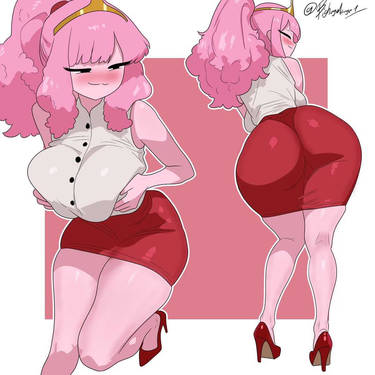 1girls, adventure time, ass, ass shot, back, back view, backboob, big ass, big breasts, bighugelarge1, black eyes, blush, breasts, closed eyes, crown, female, female only, footwear, full body, hair, hands on breasts, headwear, heels, high heels, hips, huge ass, huge breasts, looking back, naughty face, office clothing, office lady, pencil skirt, pink body, pink hair, pink skin, ponytail, princess, princess bubblegum, red skirt, self fondle, skirt, smile, solo, solo female, thighs, tied hair