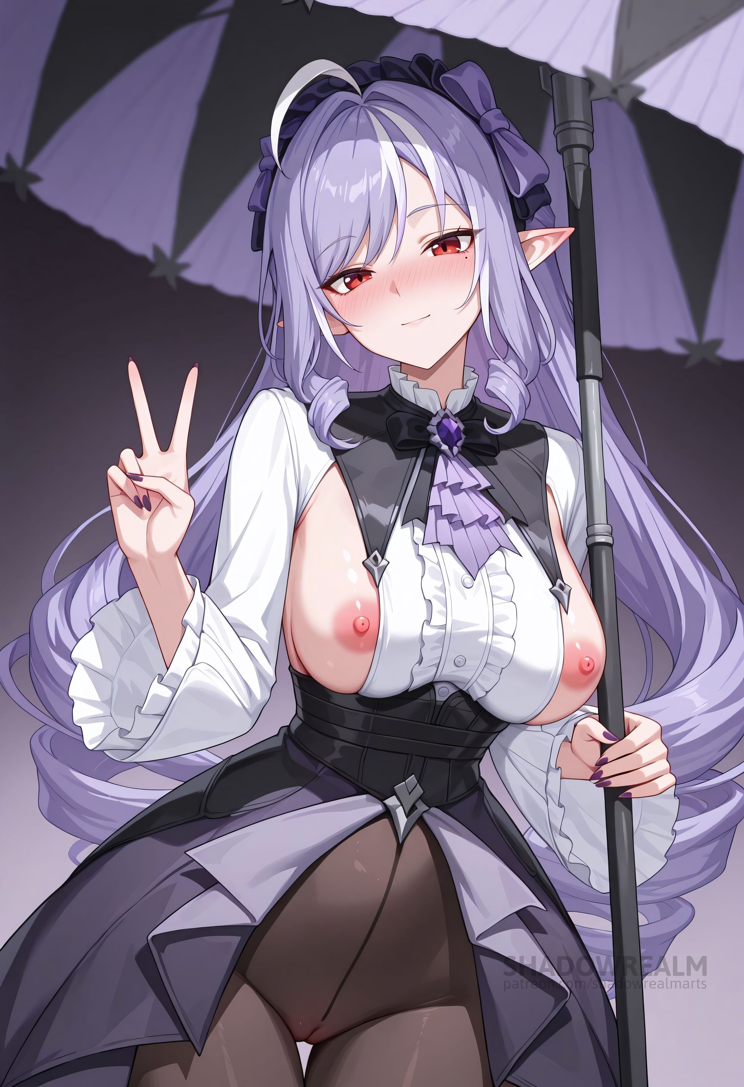 ahoge, ai generated, ascot, black pantyhose, black skirt, blush, breasts, center frills, closed mouth, drill hair, female, frills, hairband, holding, holding umbrella, large breasts, long hair, long sleeves, looking at viewer, mole, mole under eye, nail polish, nipples, pantyhose, pointy ears, purple hair, purple nails, red eyes, shadowrealmarts, shirt, skirt, smile, solo, thigh gap, umbrella, uncensored, v, very long hair, vivian (zenless zone zero), vivian banshee, white shirt, wide sleeves, zenless zone zero