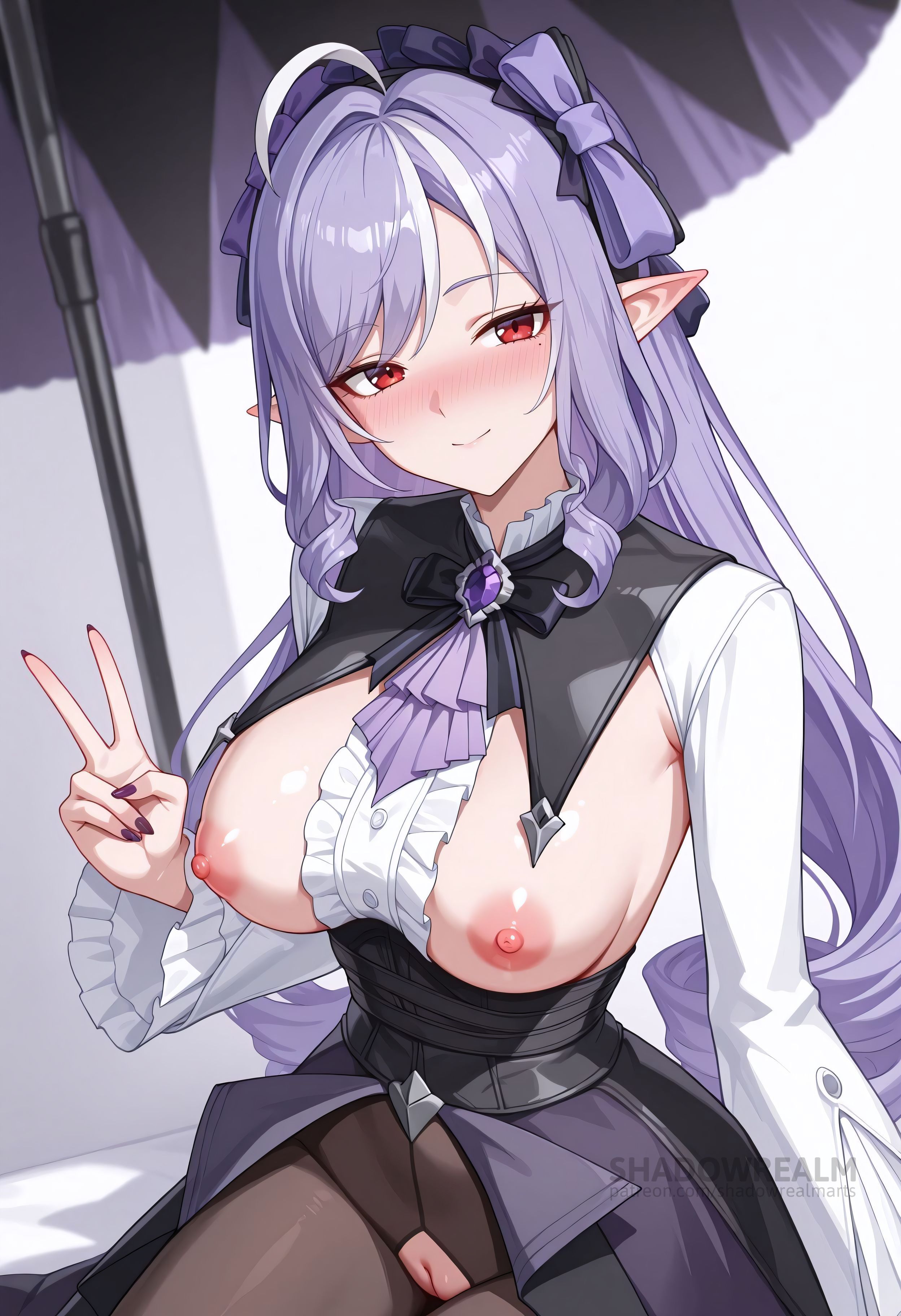 ahoge, ai generated, black pantyhose, blush, bow, breasts, cleft of venus, closed mouth, drill hair, female, frills, hairband, hairbow, large breasts, long hair, long sleeves, looking at viewer, mole, mole under eye, nipples, pantyhose, pointy ears, purple hair, pussy, red eyes, shadowrealmarts, sitting, skirt, smile, solo, torn clothes, umbrella, uncensored, v, vivian (zenless zone zero), vivian banshee, white shirt, zenless zone zero