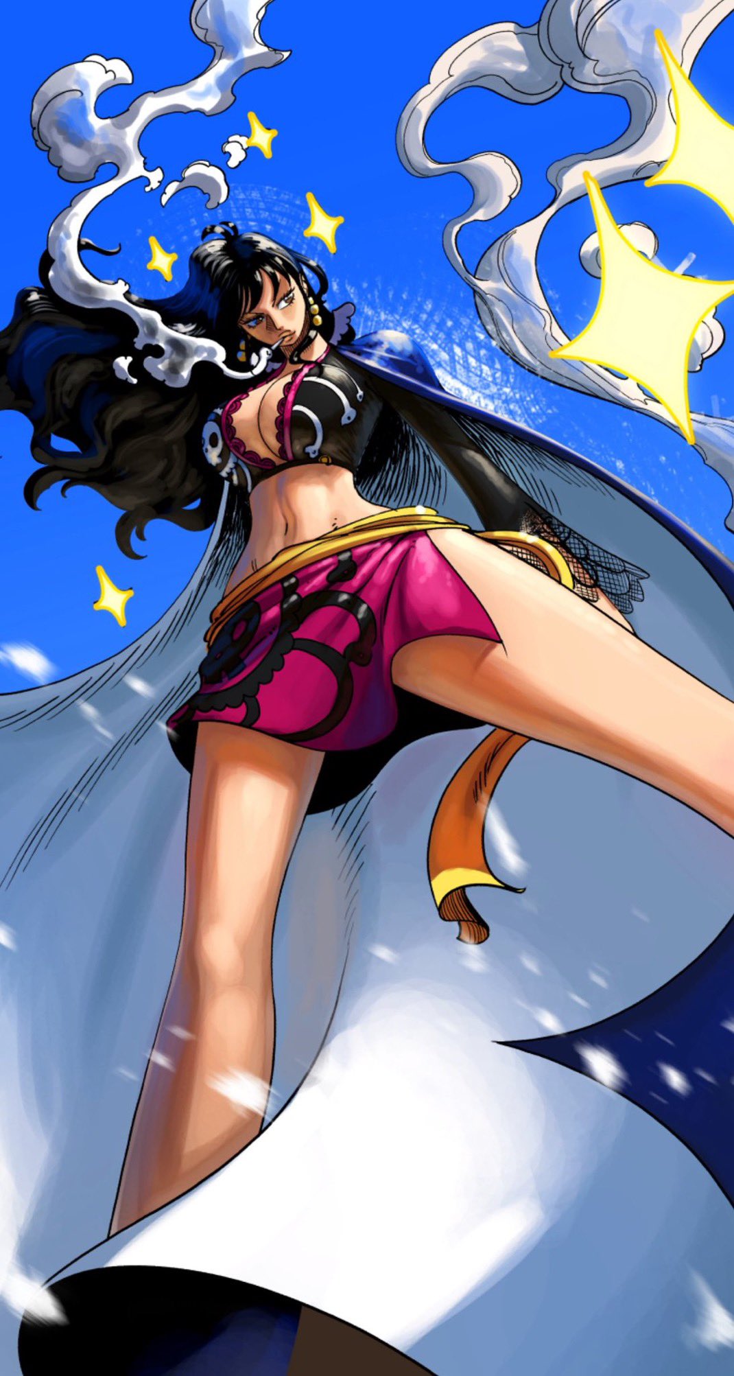 1girls, bare legs, bare thighs, big breasts, black hair, black-haired female, borudbrian, breasts, cigarette, clothed, clothing, color, female, female focus, female only, hi res, large breasts, light skin, light-skinned female, long hair, one piece, shakuyaku, shounen jump, smoking, solo, solo female, tagme, thick thighs