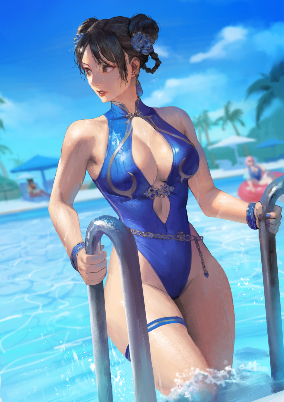 2025, 2d, 2d (artwork), 3girls, asian, asian female, background characters, bare shoulders, black hair, blue one-piece swimsuit, blue sky, blurry, blurry background, breasts, capcom, chains, chinese, chinese female, chun-li, cleavage, day, depth of field, double bun, earrings, female, female only, hair bun, highres, innertube, jewelry, juri han, light skin, light-skinned female, looking to the side, manon legrand, multiple females, multiple girls, official alternate costume, official alternate hairstyle, one-piece swimsuit, outdoors, outside, parted lips, partially submerged, phamoz, pool, poolside, questionable, realistic proportions, short hair, sideways glance, sky, solo focus, standing, street fighter, street fighter 6, swim ring, swimsuit, thigh strap, water