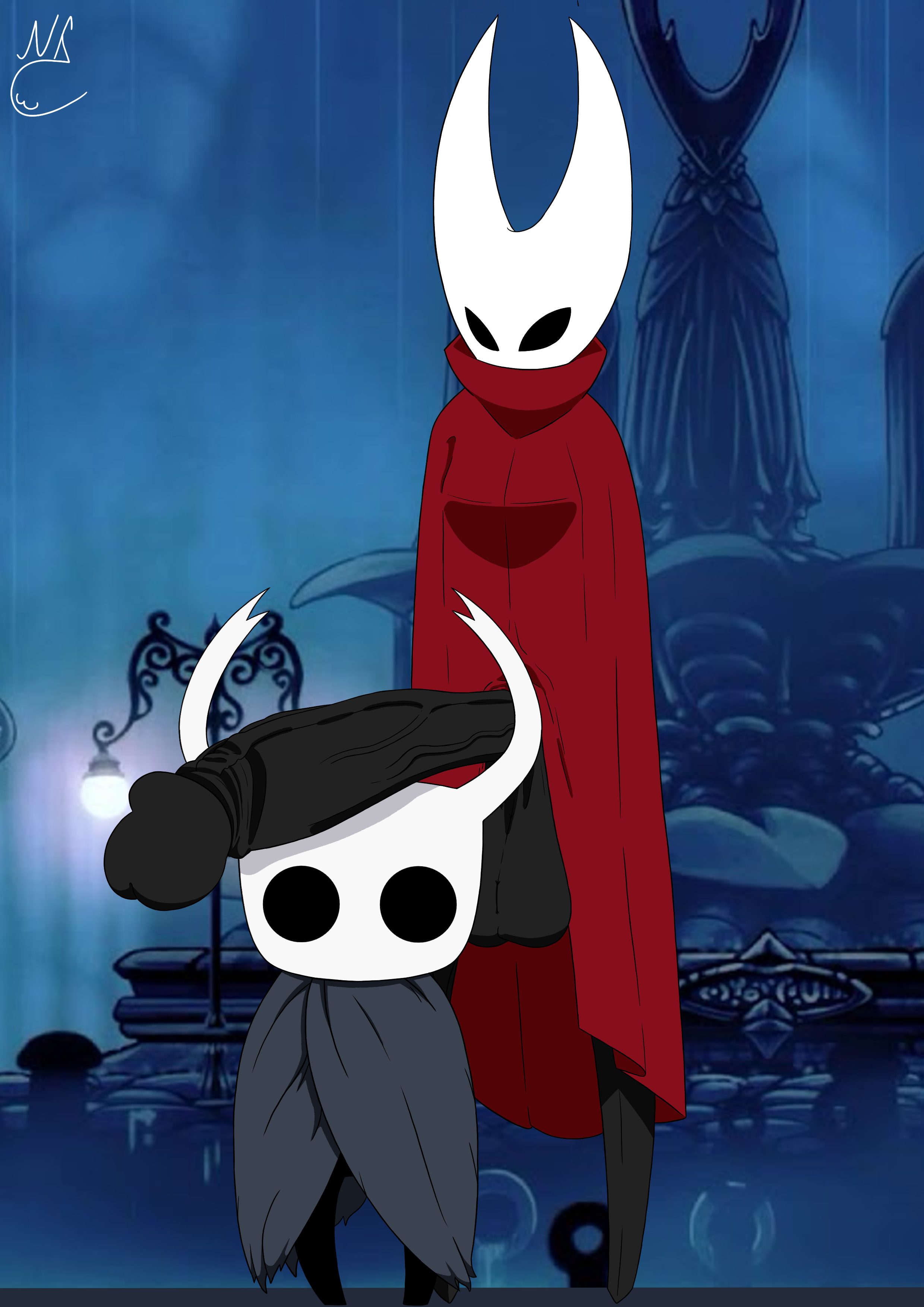 1boy, 1futa, 1girls, 2d, 2d (artwork), 2d artwork, balls, cloak, female, futanari, hollow knight, hollow knight (character), hollow knight: silksong, hornet (hollow knight), huge balls, huge cock, huge testicles, insect girl, insects, intersex, looking down, male, meme, nekojaanai, penis, penis on head, simple shading, standing, testicles, veiny penis