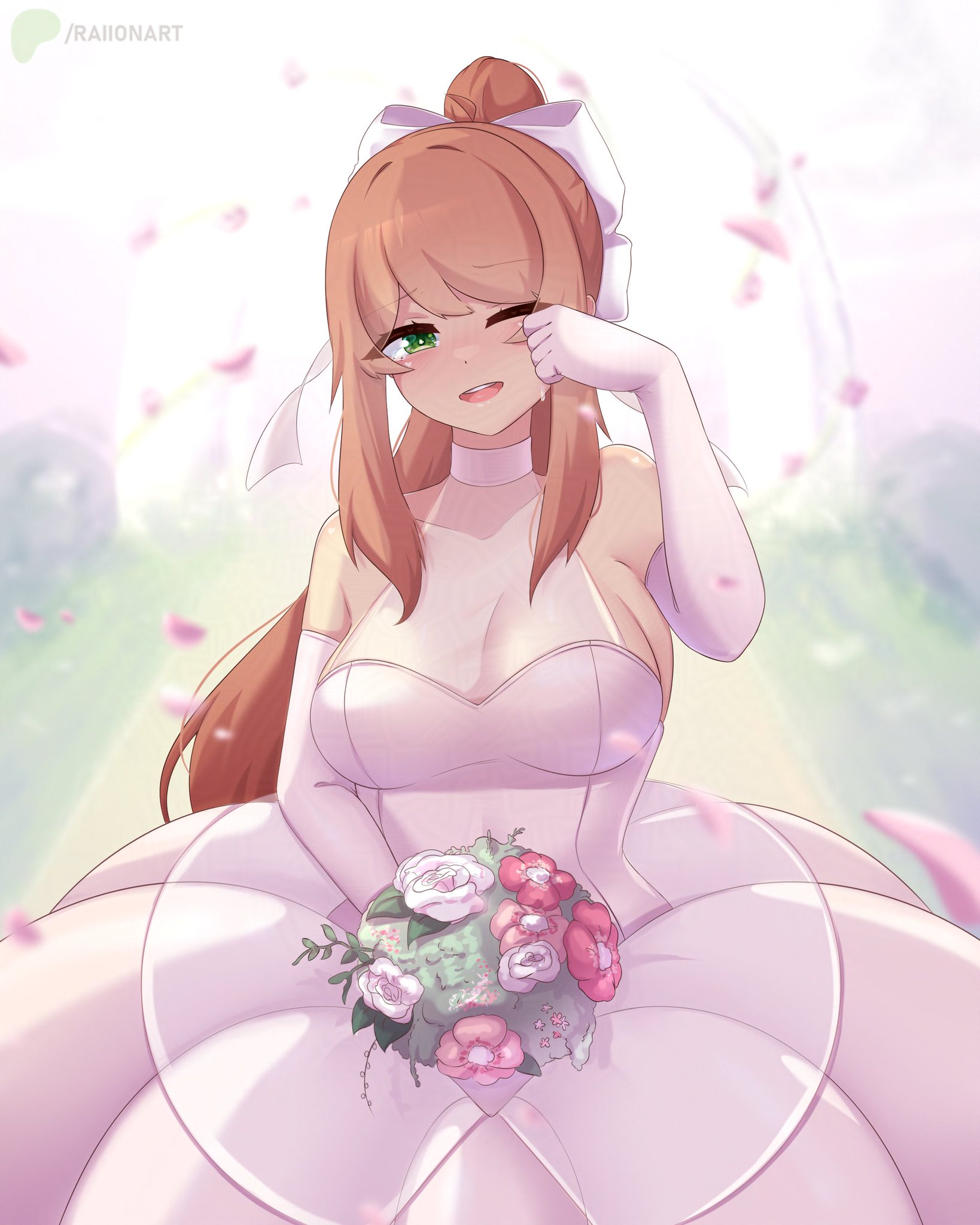 1female, 1girls, 1woman, artist name, blurry background, boobies, boobs, bouquet, breasts, coral brown hair, doki doki literature club, dress, emerald eyes, emerald green eyes, female, female only, flower, flowers, girl only, green eyes, happy crying, happy female, happy tears, holding, holding bouquet, holding object, large boobies, large boobs, large breasts, large tiddies, large tits, large titties, long hair, monika (doki doki literature club), not porn, pink flowers, ponytail, raionart, safe, safe for work, tears of joy, tiddies, titties, wedding bouquet, wedding day, wedding dress, wedding gloves, white bow, white flowers, wholesome, wiping eyes, woman, woman only