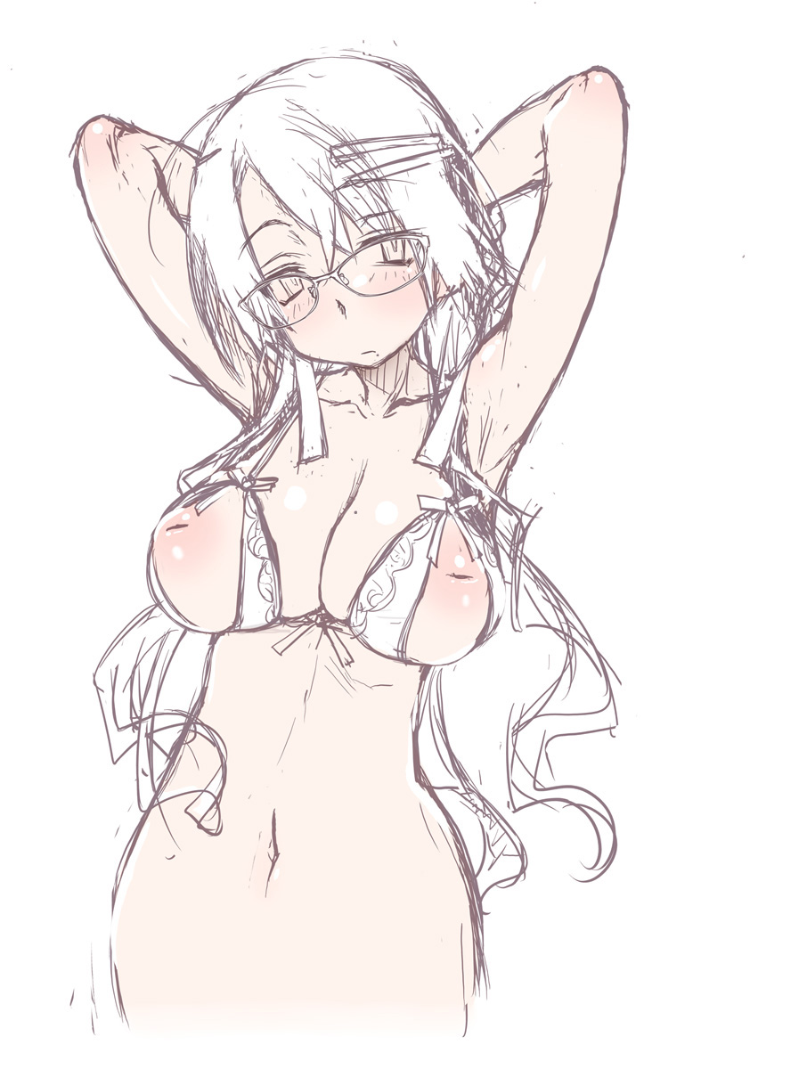 arms_up bra breasts female glasses hair_ornament hairclip highres large_breasts long_hair looking_to_the_side navel nipples sakuya_tsuitachi sketch solo underwear