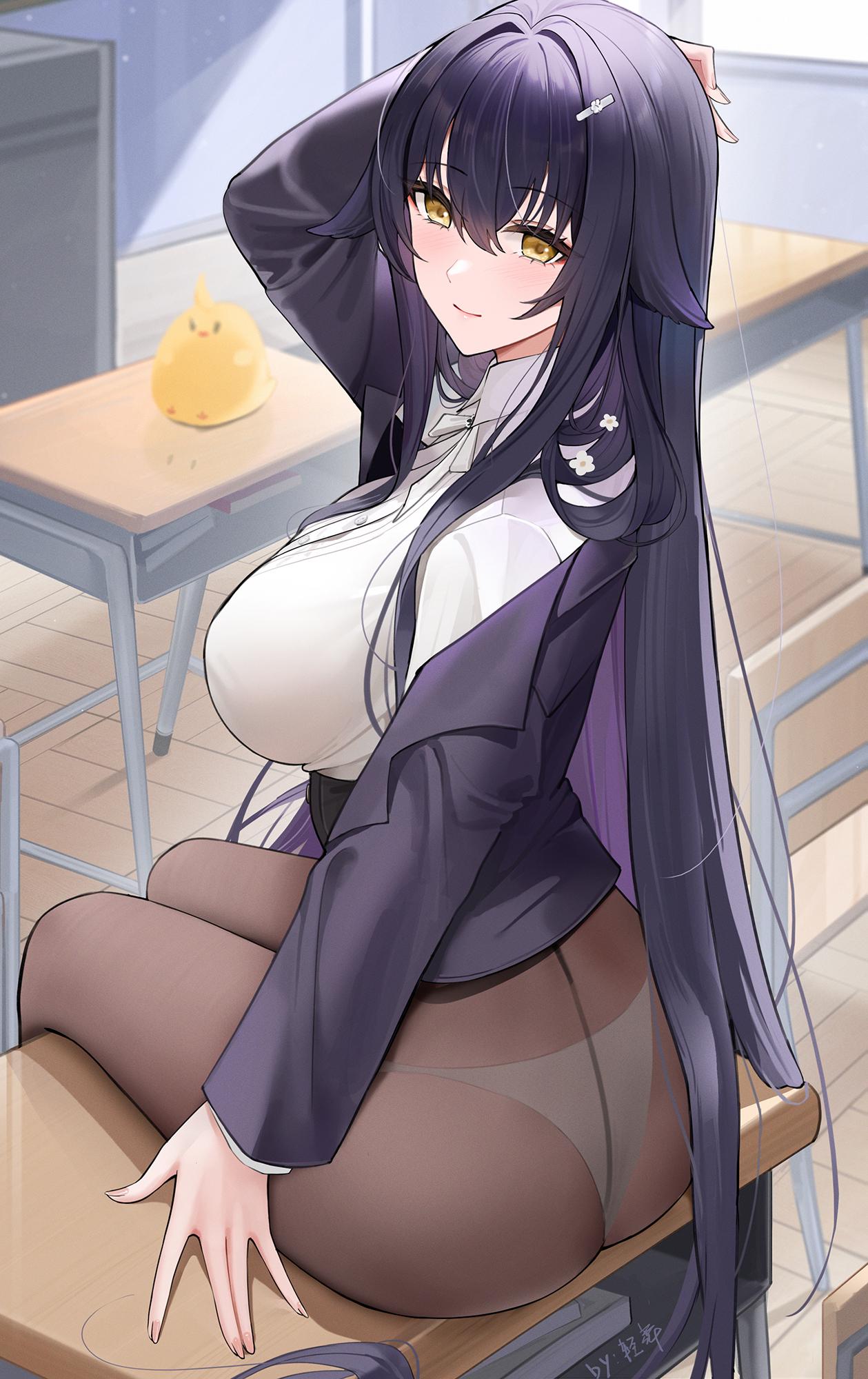 ass, azuma (azur lane), azuma (career counseling for the groom) (azur lane), azur lane, black hair, black jacket, black pantyhose, blush, breasts, brown pantyhose, cg, chair, classroom, closed mouth, collared shirt, desk, female, hair between eyes, hair ornament, hairclip, indoors, jacket, large breasts, long hair, long sleeves, looking at viewer, looking back, no pants, official alternate costume, on desk, open clothes, panties, panties under pantyhose, pantyhose, purple hair, school desk, shirt, sidelocks, sitting, sitting on desk, smile, solo, underwear, very long hair, white panties, white shirt, yellow eyes