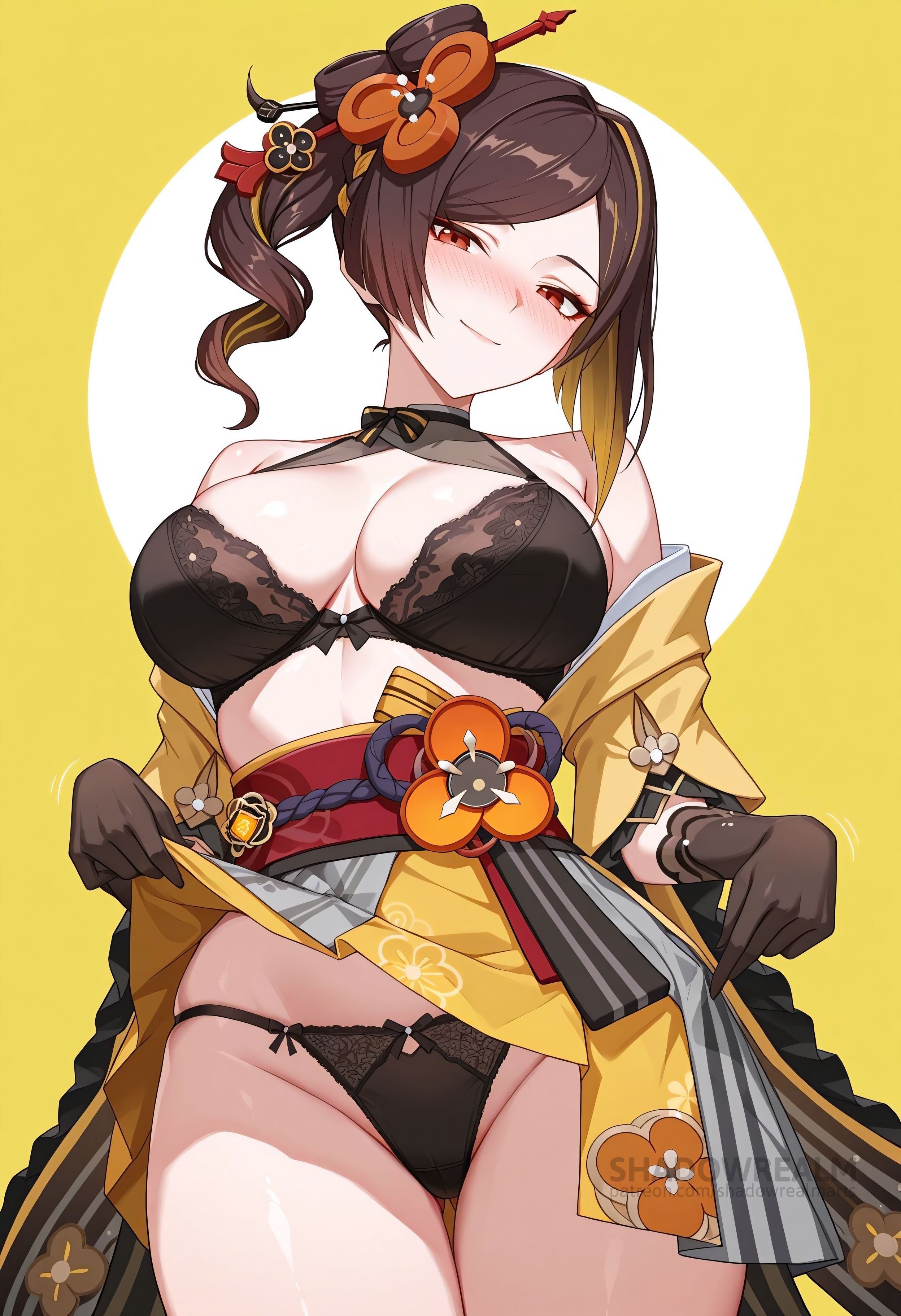 ai generated, bare shoulders, black bra, black gloves, black panties, blonde hair, blush, bra, breasts, brown hair, chiori (genshin impact), cleavage, closed mouth, clothes lift, cowboy shot, female, genshin impact, gloves, grey kimono, groin, hair ornament, japanese clothes, kimono, kimono lift, large breasts, lifted by self, looking at viewer, multicolored hair, obi, off shoulder, panties, red eyes, sash, shadowrealmarts, side ponytail, skirt, skirt lift, smile, solo, thighs, uncensored, underwear