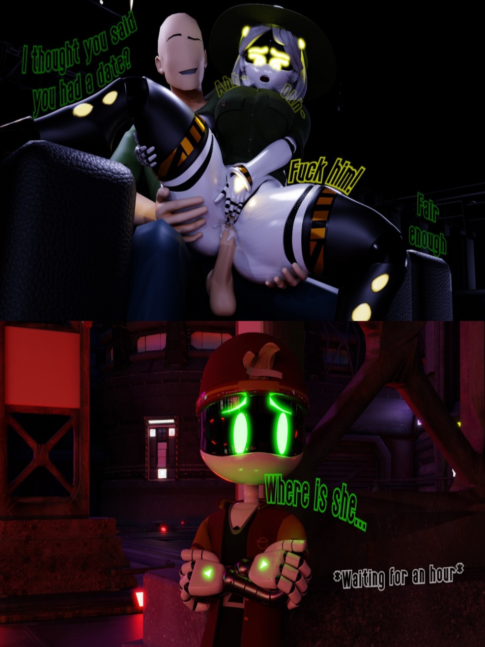 2boys1girl, 3d, alone, anal, anon, anon (snoot game), armac104, blender, clothed, clothed female, clothed male, clothed sex, cuckold, cum, date, date night, disassembly drone, english text, female, from behind, full nelson, glitch productions, human, human on humanoid, human on robot, humanoid, humiliation, light-skinned male, male, male/female, movie theatre, murder drones, murder drones x humans, neon lights, netorare, night, public sex, robot, robot boy, robot girl, snoot game, thad (murder drones), two panel image, v (bysamzan), v (murder drones), waiting, white body, worker drone, you
