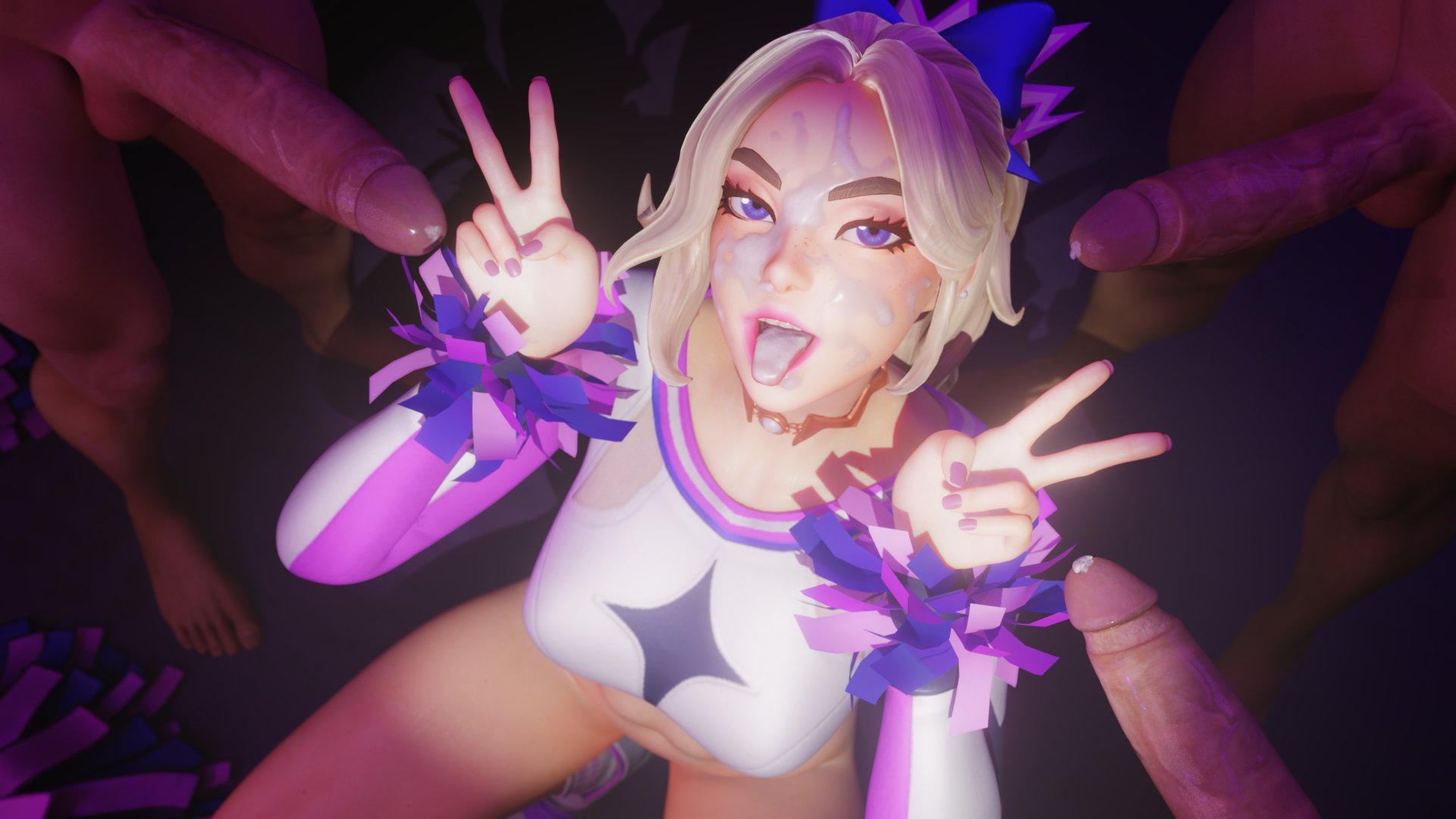 1girls, 3boys, 3d, bottomless, bottomless female, cheerleader, cheerleader uniform, cum, cum in mouth, cum on face, erect penis, erection, female, fortnite, haylee skye (fortnite), male, no panties, peace sign, penis, shibarademu, thighs