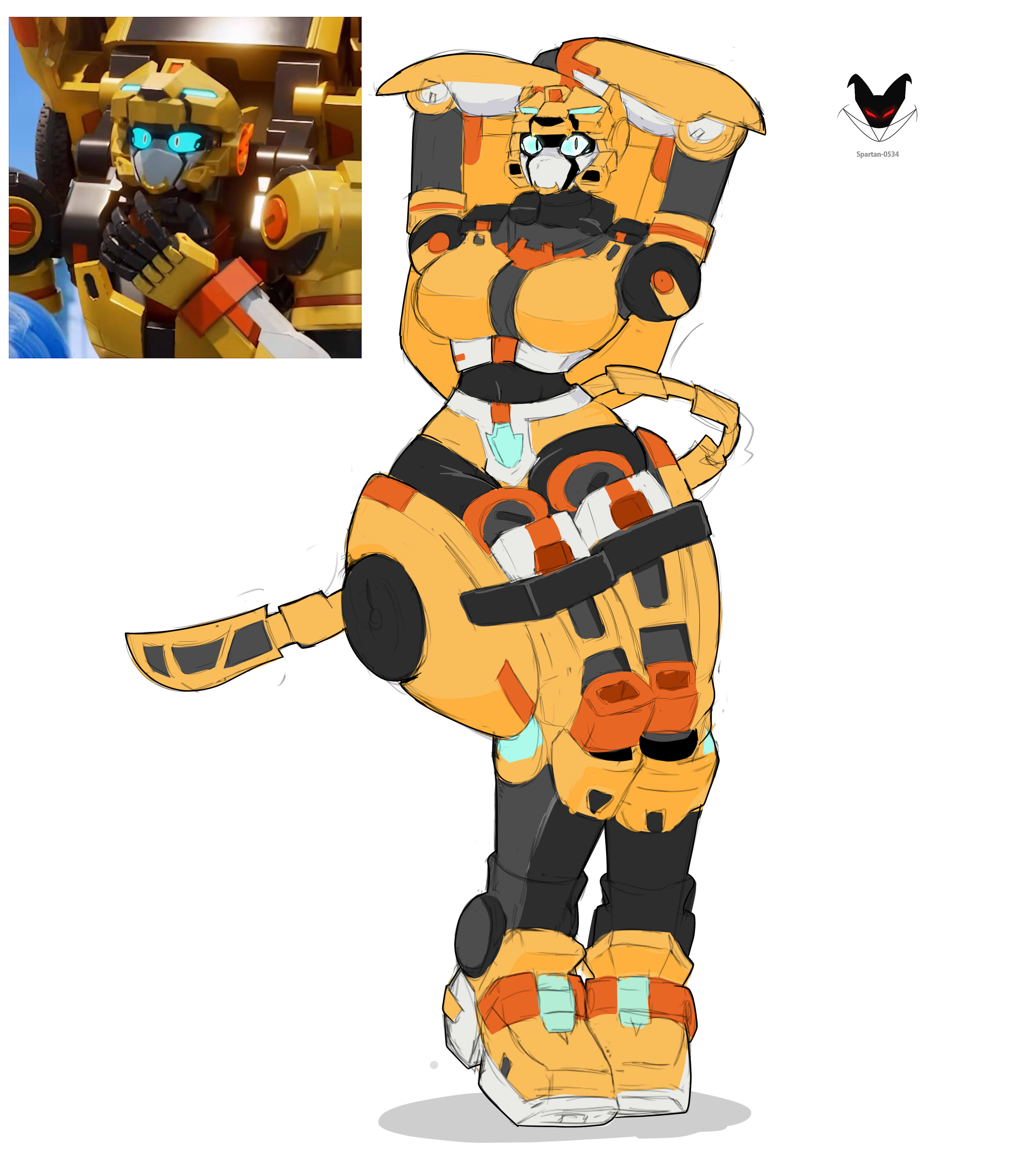 arms behind head, blue sclera, breasts, female, mecha, mecha focus, mecha girl, metal cardbot, robot, spartan0534, tachi (metal cardbot), tachy (metal cardbot), thick thighs, wide hips