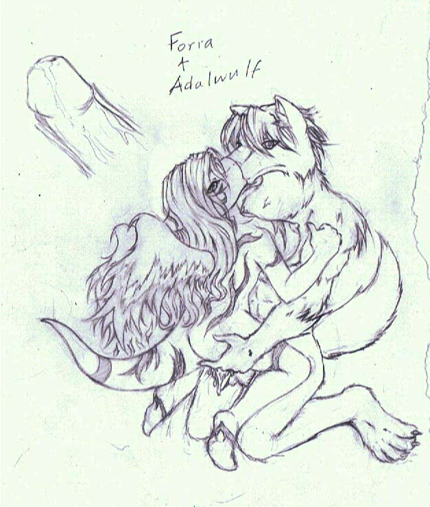 2010 abs adalwulf anthro areola ass balls big_breasts breasts canine claws cum cum_on_penis dragon english_text feathered_wings feathers female foria fur hair hand_on_ass interspecies kissing kneeling long_hair male mammal monochrome muscular nipples nude penetration penis scales simple_background sketch straight stripes text tigerlilylucky toe_claws traditional_media_(artwork) vein white_background wings wolf