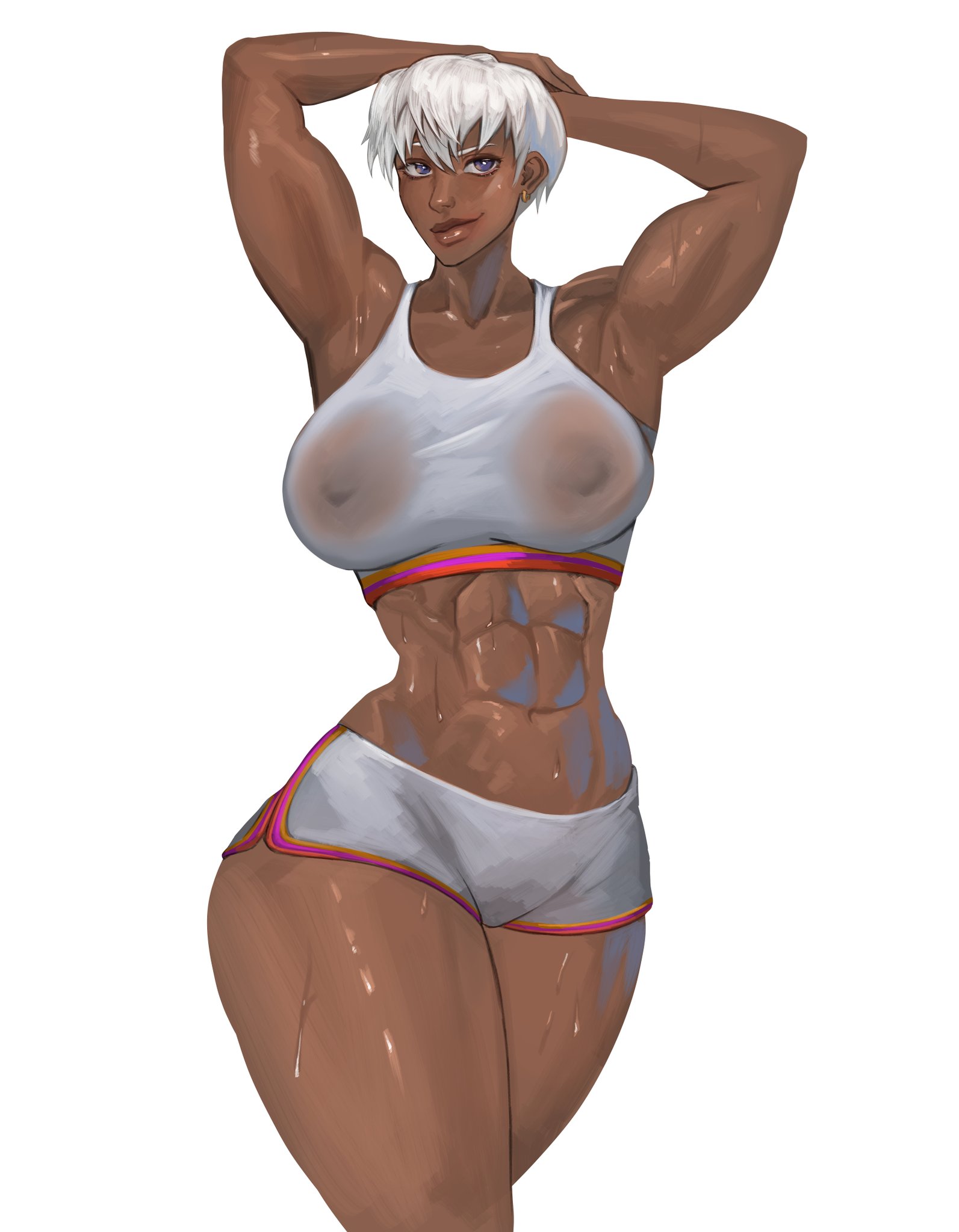 areolae visible through clothing, armpits, elena (street fighter), female, female only, large areolae, muscular, muscular female, palemancer, posing, street fighter, sweaty, very short hair, white hair