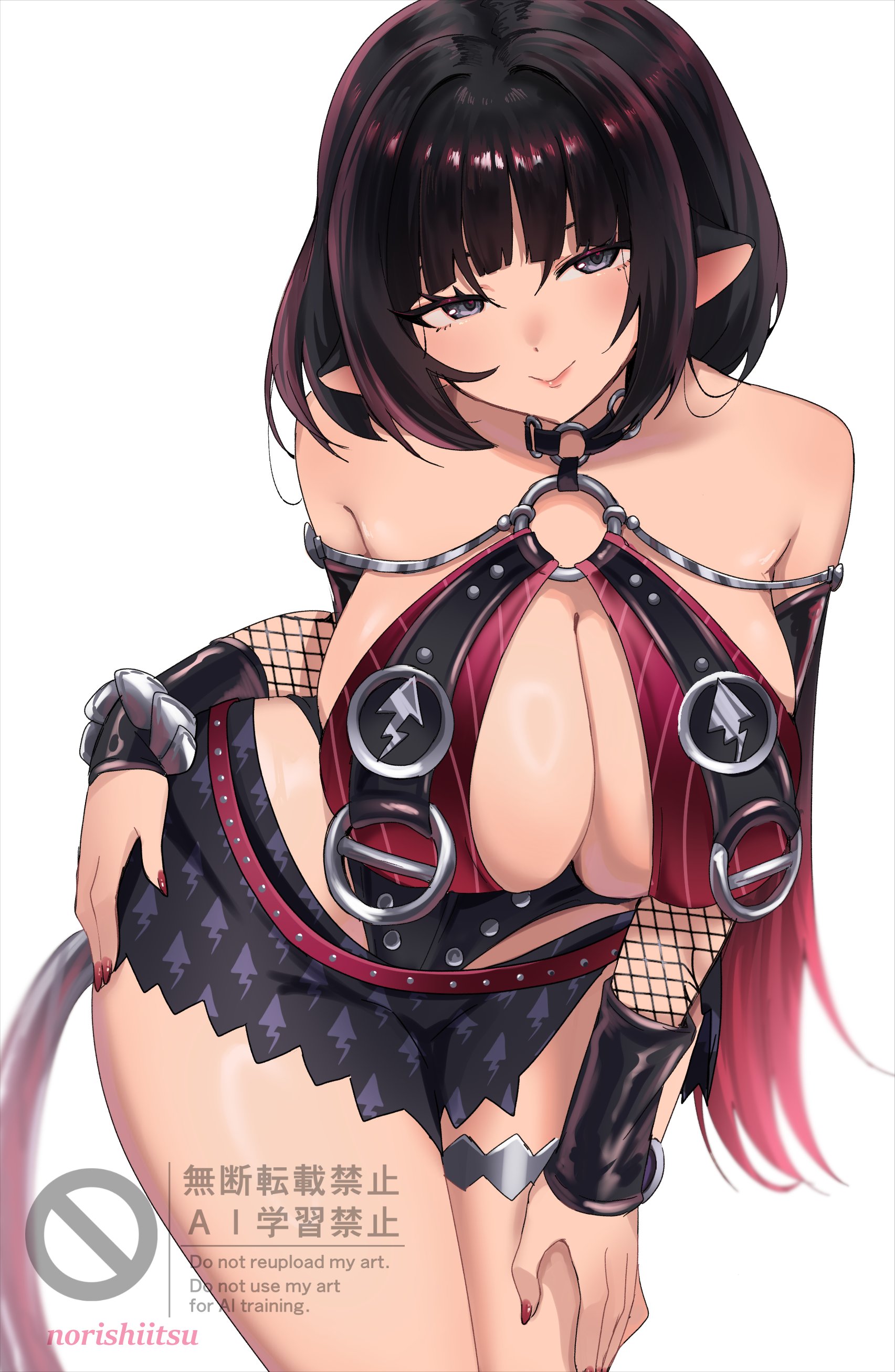1girls, absurdres, alternate breast size (larger), animal ears, artist name, bare shoulders, black hair, black sarong, blue eyes, breast curtains, breasts, choker, closed mouth, commentary, cowboy shot, english commentary, female, fishnet sleeves, fishnets, hand on own hip, hand on own leg, head tilt, highres, jane doe (nocturne of light) (zenless zone zero), jane doe (zenless zone zero), large breasts, leaning forward, leather leotard, long hair, looking at viewer, mouse ears, mouse girl, mouse tail, multicolored hair, norishiitsu, o-ring, o-ring choker, official alternate costume, one-piece swimsuit, red hair, red nails, sarong, simple background, smile, solo, swimsuit, tail, thigh strap, two-tone one-piece swimsuit, white background, zenless zone zero