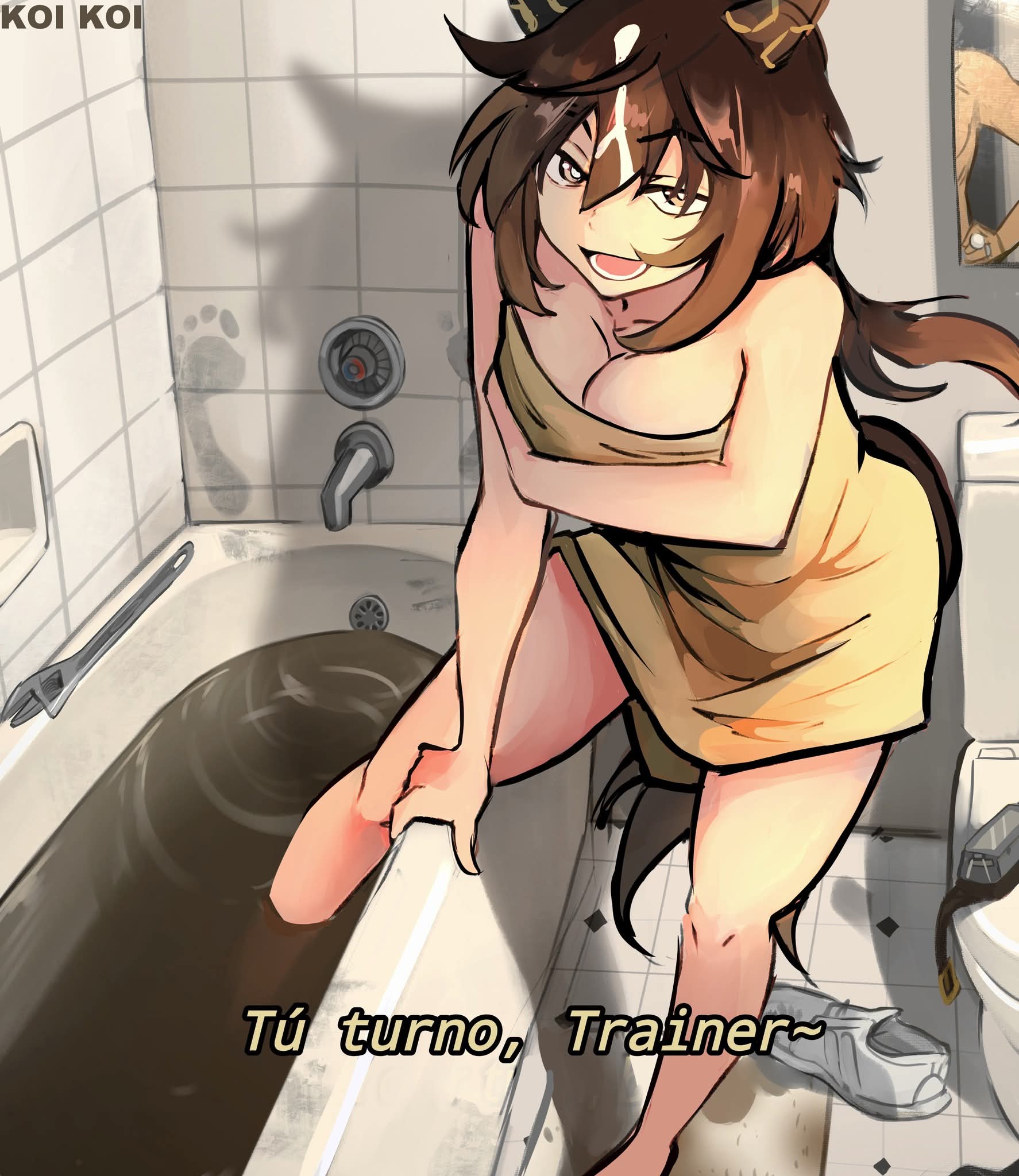1girls, bathroom, boobs, brown hair, dirty, dirty feet, dirty girl, dirty water, feet, female, spanish, spanish dialogue, spanish text, stay gold (umamusume), tagme, towel, towel only, trainer (umamusume), umamusume, umamusume pretty derby