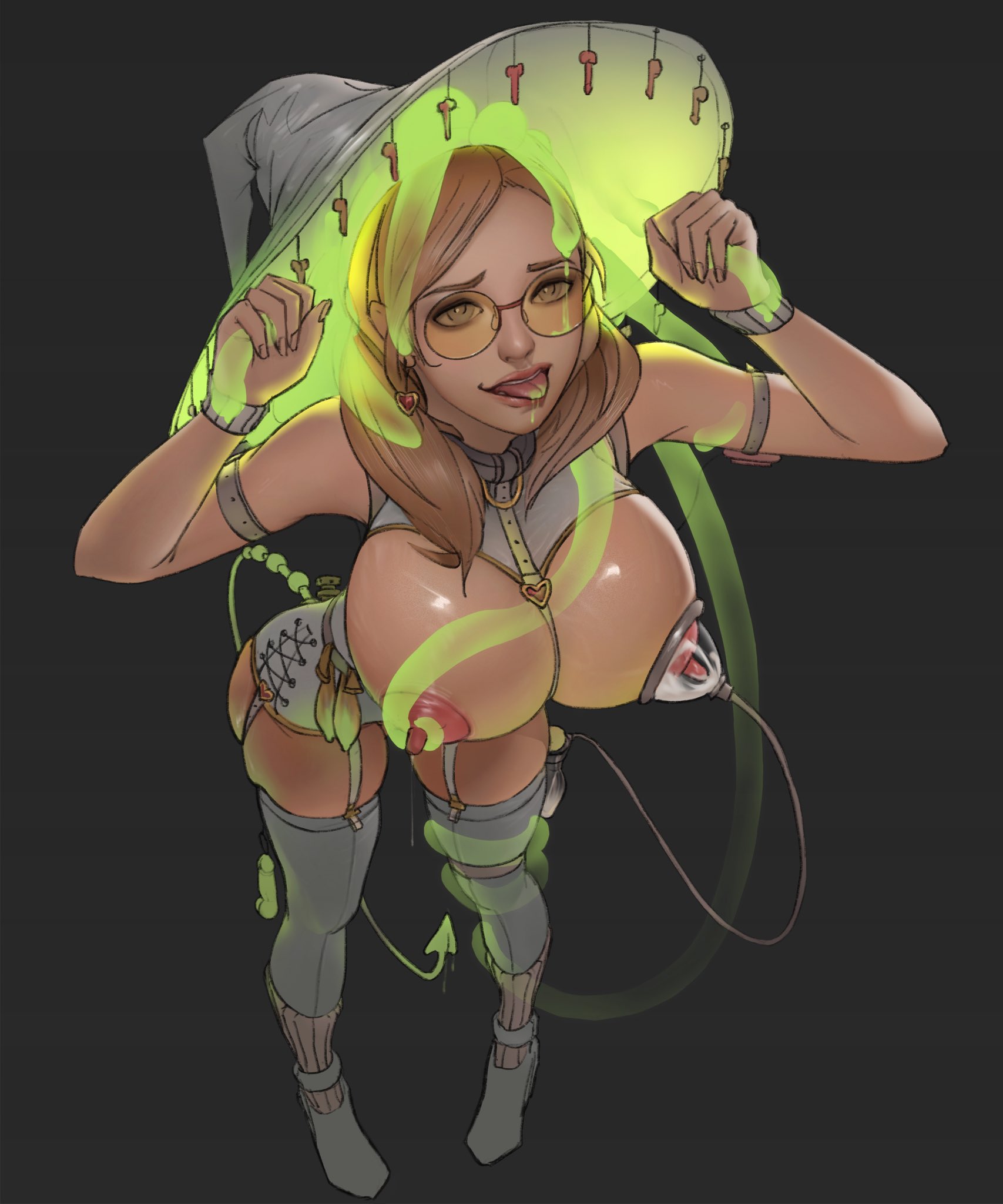 1girls, big breasts, breasts, earrings, female, female only, glasses, hat, lactation, milk, milking machine, nipple tweak, nipples, protosparks, solo, tentacle, tongue, tongue out, witch hat