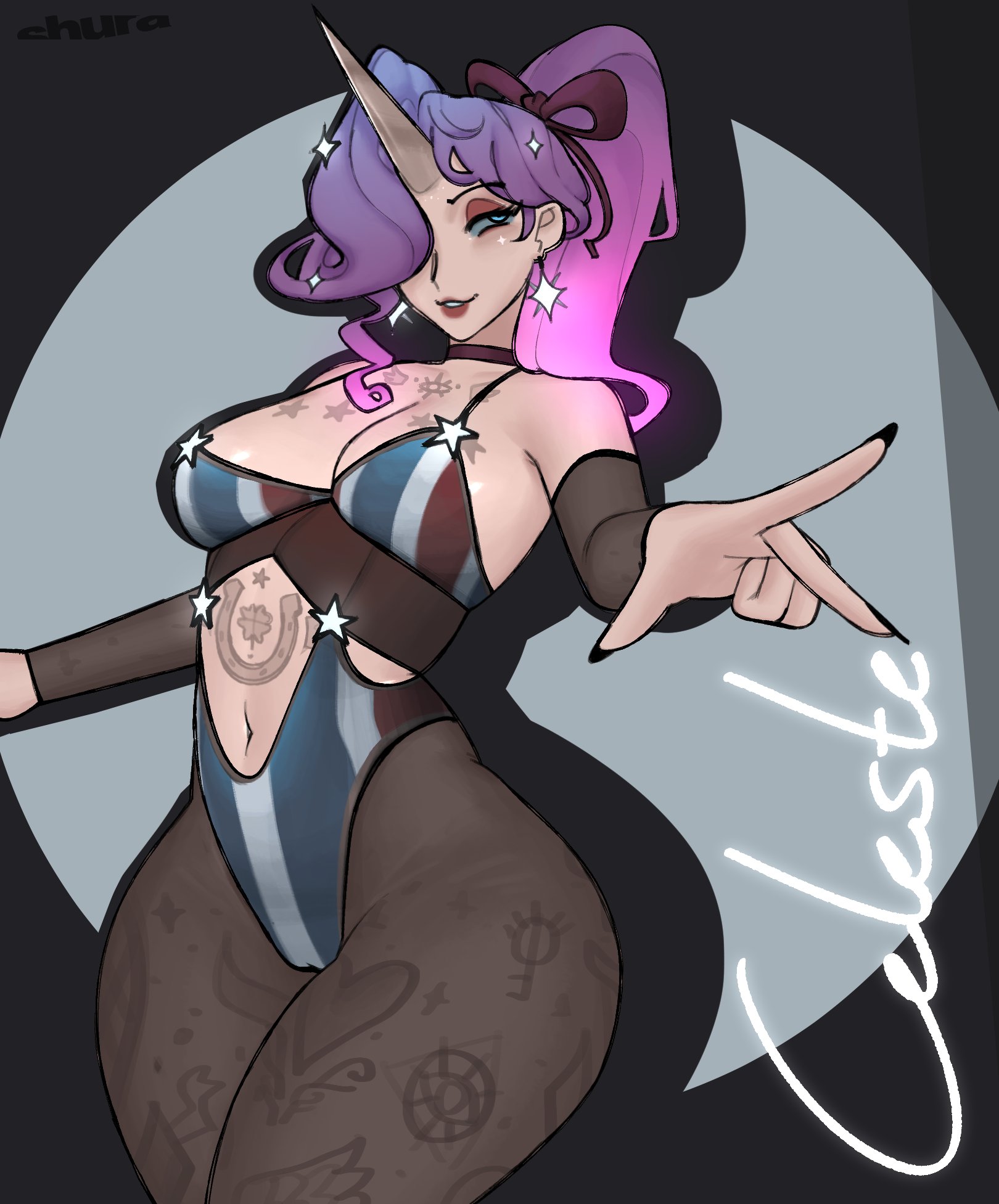 1girl, 1girls, bedroom eyes, belly button, blue eyes, blue hair, cameltoe, celeste (deadlock), deadlock, earrings, eyeliner, horn, horse girl, leotard, lipstick, multicolored hair, pantyhose, pink hair, ponytail, rayschera, sparkles, tagme, tattoos, tights, unicorn, watermark, wide hips