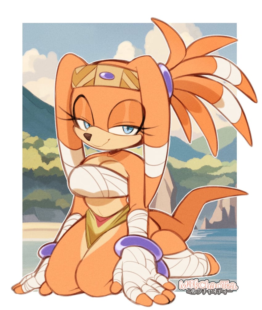adapted costume, alternate breast size (larger), alternate costume, animal nose, anklet, artist name, bandeau, bare shoulders, blue eyes, blue sky, bracelet, breasts, chest sarashi, cleavage, cloud, commentary request, female, fingerless gloves, foot wraps, full body, furry, furry female, gloves, hair tubes, half-closed eyes, hand wraps, hands on ground, high ponytail, highres, jewelry, kneeling, large breasts, loincloth, long eyelashes, looking at viewer, milkchaotea, orange fur, outdoors, pelvic curtain, ponytail, sarashi, sega, seiza, sitting, sky, smile, solo, sonic (series), sonic adventure, sonic the hedgehog (series), strapless, tail, thighs, tikal the echidna, tube top, white bandeau