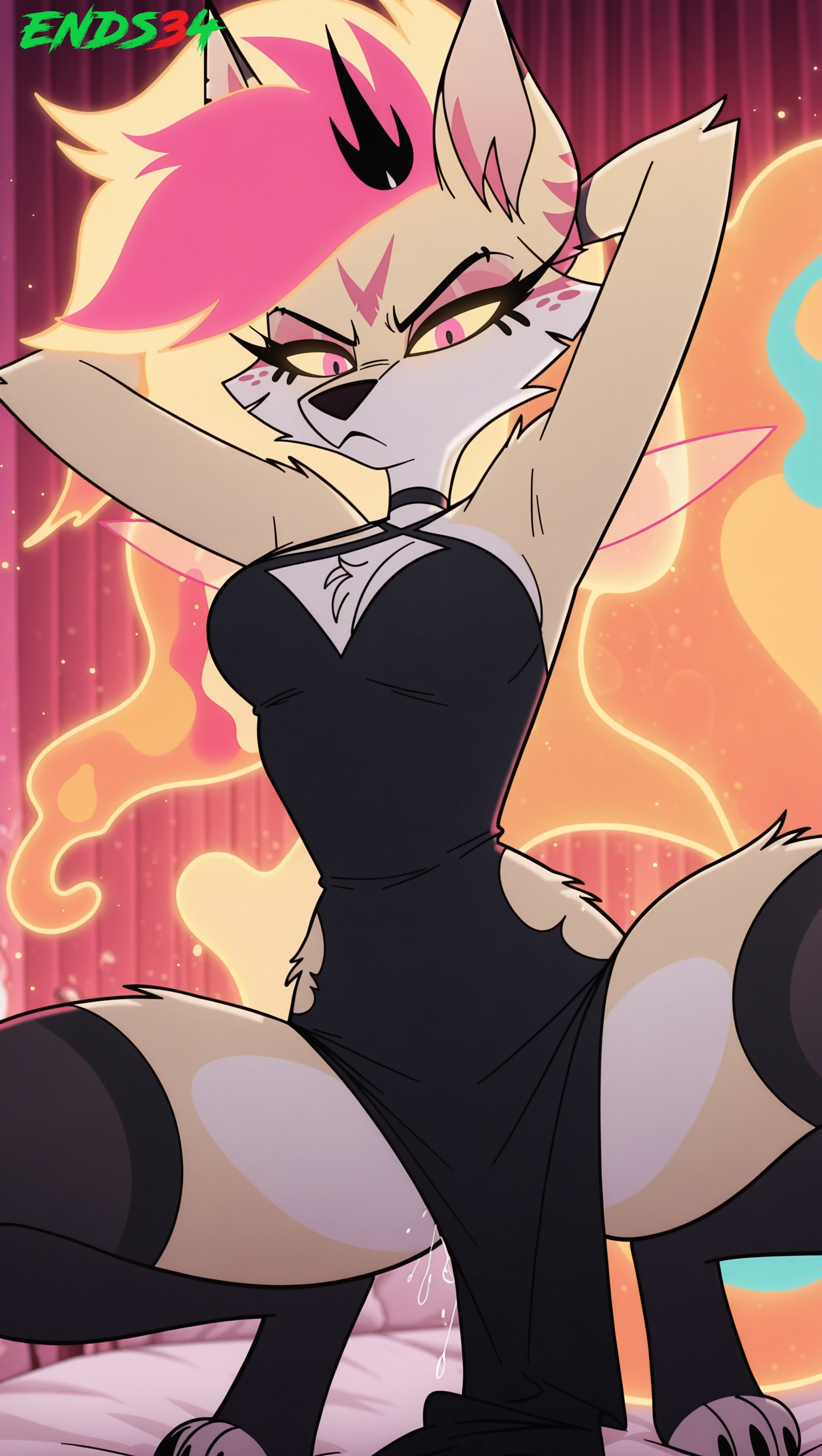 ai generated, dress, ends34, female, female only, furry female, helluva boss, queen bee-lzebub (helluva boss), serious, squatting, wet pussy