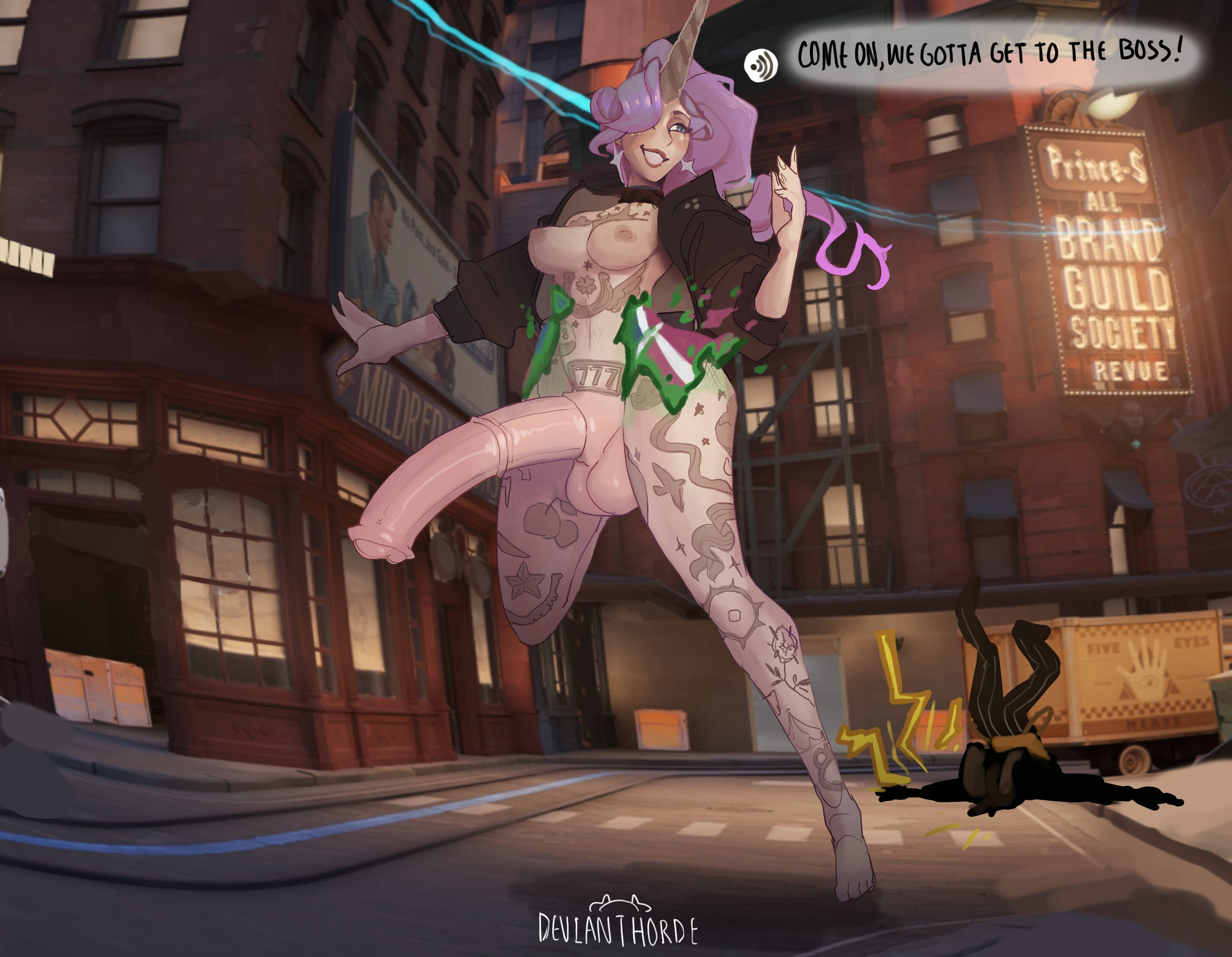 1futa, 1girl, 1girls, almost naked, balls, blue eyes, blue hair, breasts, celeste (deadlock), clothed, clothing, deadlock, devianthorde, dialogue, erection, futa only, futanari, horn, horse girl, horsecock, huge cock, humanoid, light skin, lipstick, massive penis, melting clothes, mostly clothed, multicolored hair, penis, pink hair, ponytail, smooth balls, smooth penis, solo, standing, tagme, tattoos, unicorn, wardrobe malfunction, wide hips