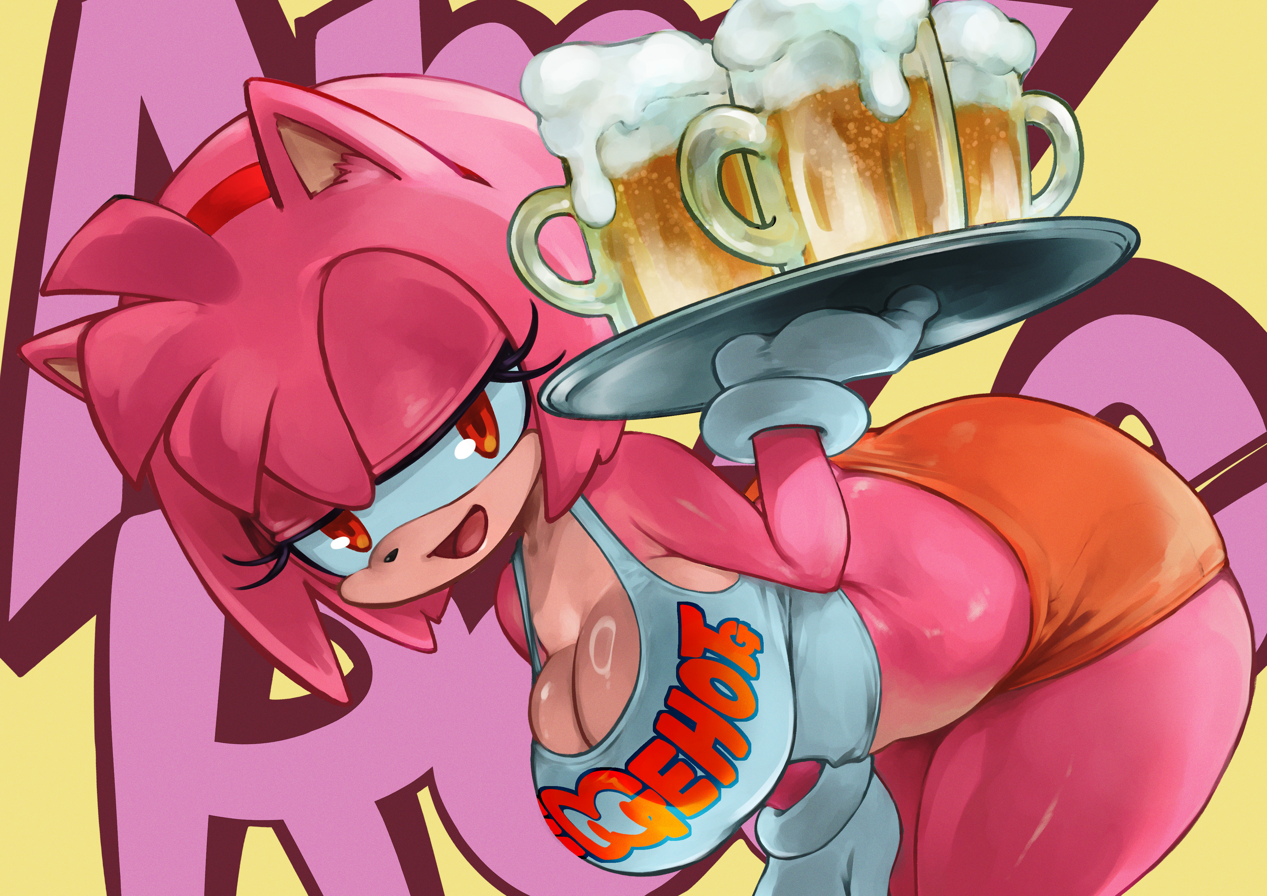 amy rose, anthro, ass, beer, bent over, character name, cleavage, female, female only, hanging breasts, hooters uniform, huge breasts, kyugata, looking at viewer, naughty face, orange eyes, pink hair, sega, serving tray, short shorts, smile, sonic (series), sonic cd, sonic the hedgehog (series), thick ass, thick thighs, white gloves