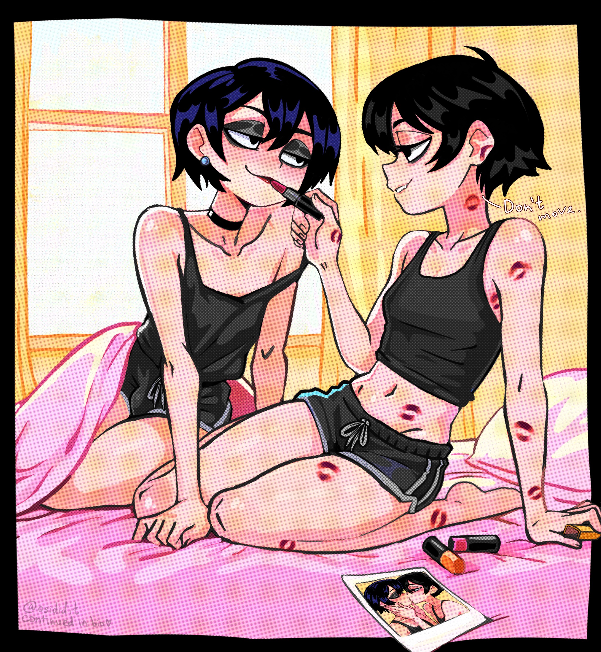 1boy, 1femboy, 1girls, bed, belly, belly button, black choker, breasts, choker, dialogue, female, femboy, imminent sex, in love, kiss mark, kiss marks, kissing, lips, lipstick, lipstick mark, male, osidid, photo, pillow, talking, tomboy